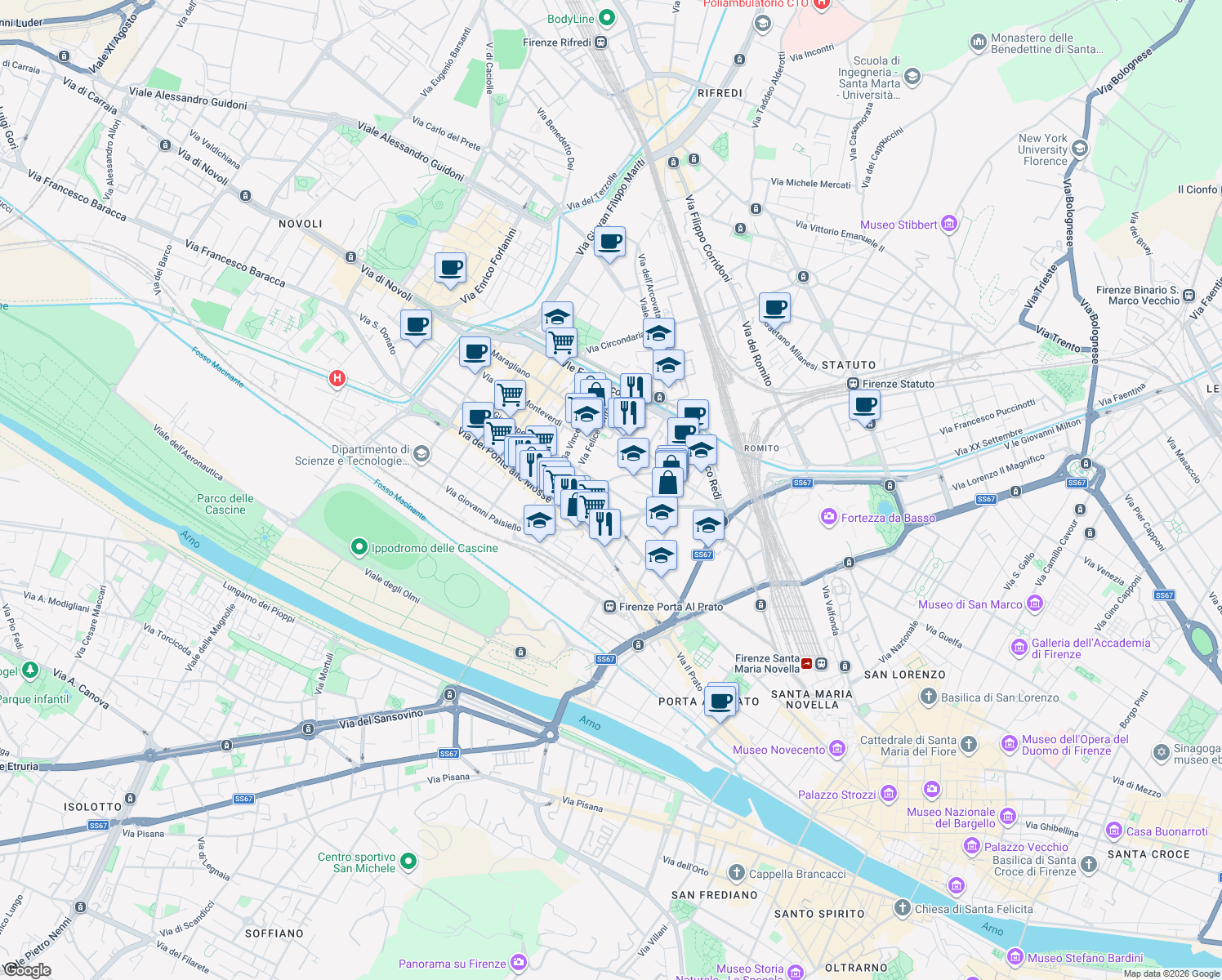 map of restaurants, bars, coffee shops, grocery stores, and more near 27 Via Giuseppe Galliano in Firenze