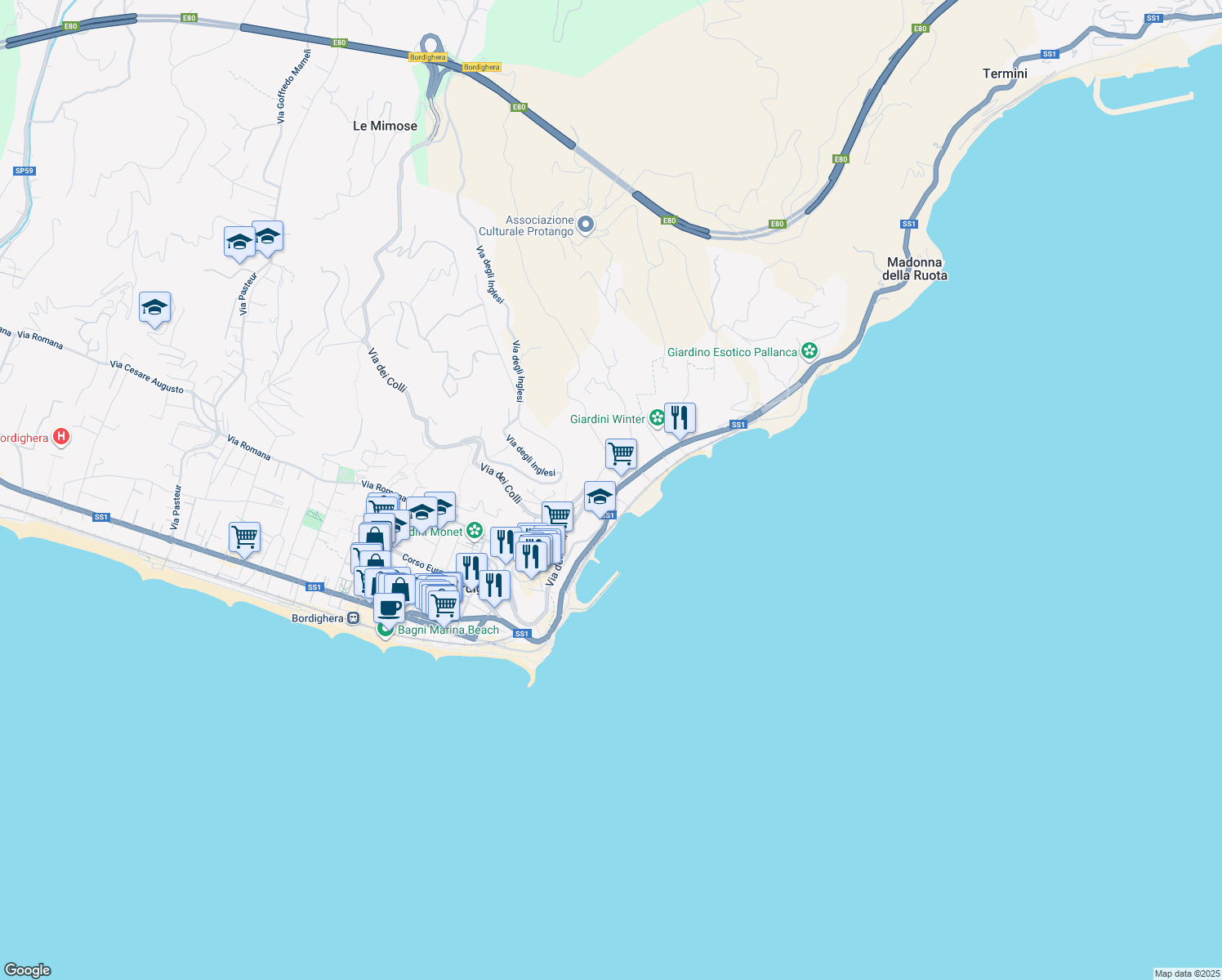 map of restaurants, bars, coffee shops, grocery stores, and more near 35 Strada Statale 1 in Bordighera