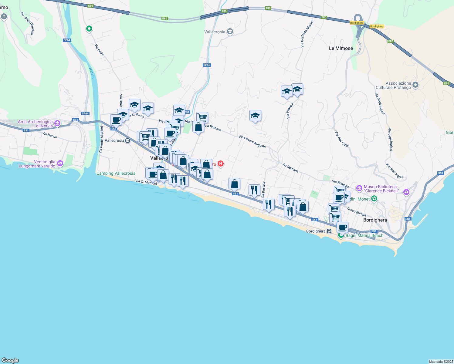 map of restaurants, bars, coffee shops, grocery stores, and more near 9 Via Giulio Cesare in Bordighera