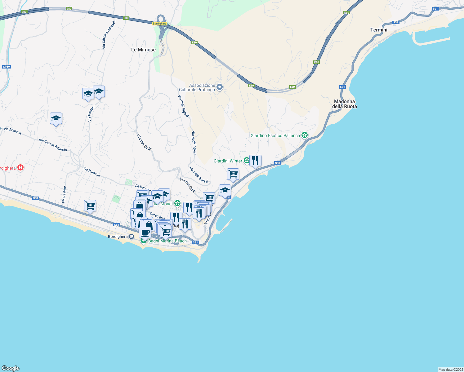 map of restaurants, bars, coffee shops, grocery stores, and more near 35 Strada Statale 1 in Bordighera