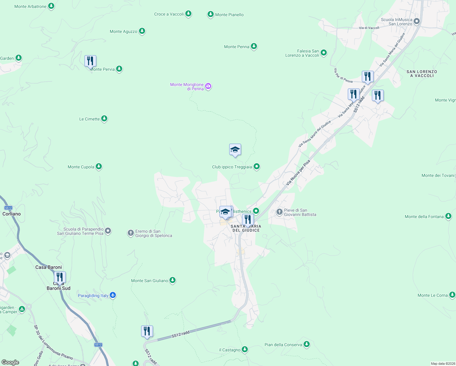 map of restaurants, bars, coffee shops, grocery stores, and more near Via Carlo Barsotti in Lucca