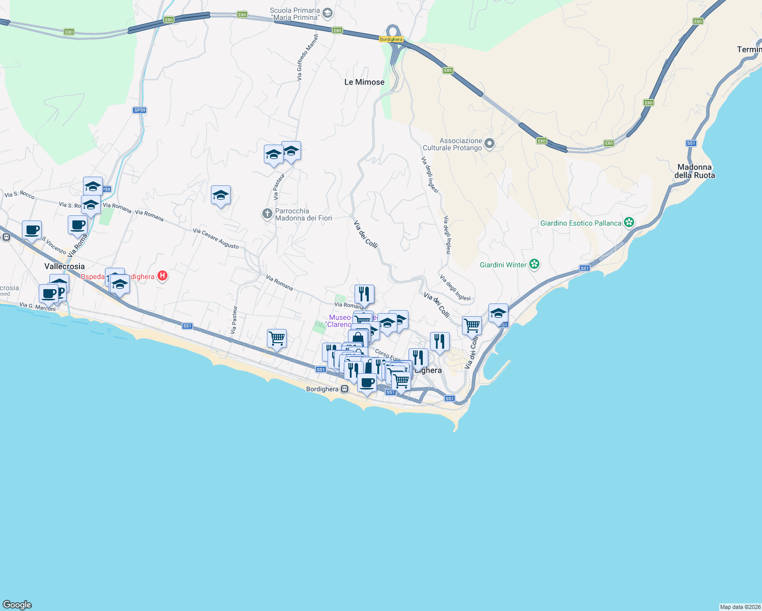 map of restaurants, bars, coffee shops, grocery stores, and more near 19 Via Vallone in Bordighera