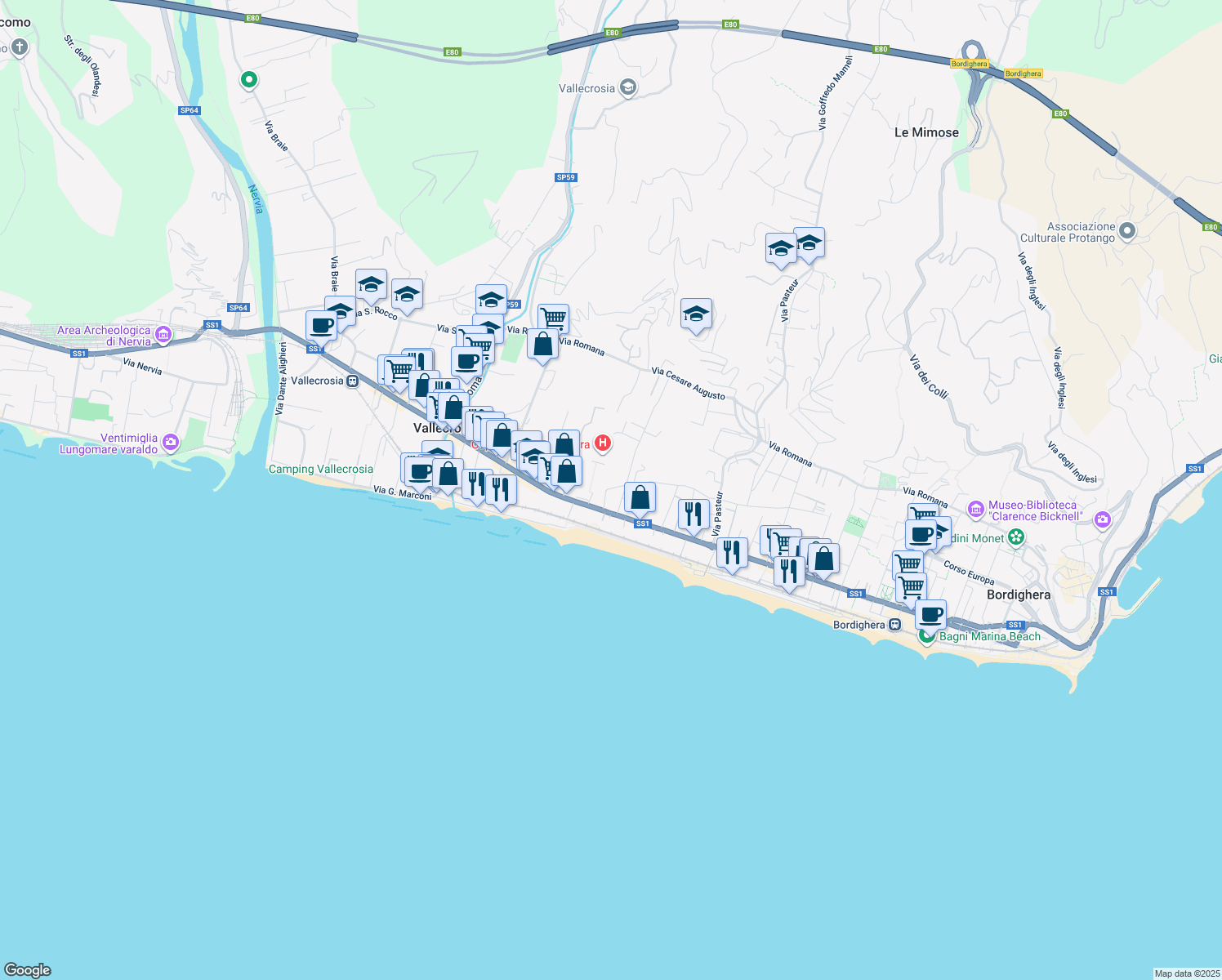 map of restaurants, bars, coffee shops, grocery stores, and more near 9 Via Giulio Cesare in Bordighera