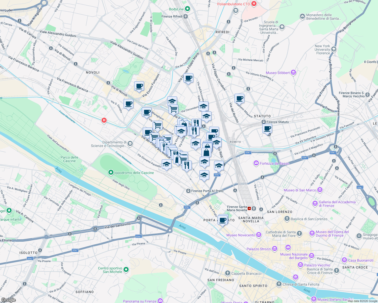 map of restaurants, bars, coffee shops, grocery stores, and more near 25-27 Via Giuseppe Galliano in Florence