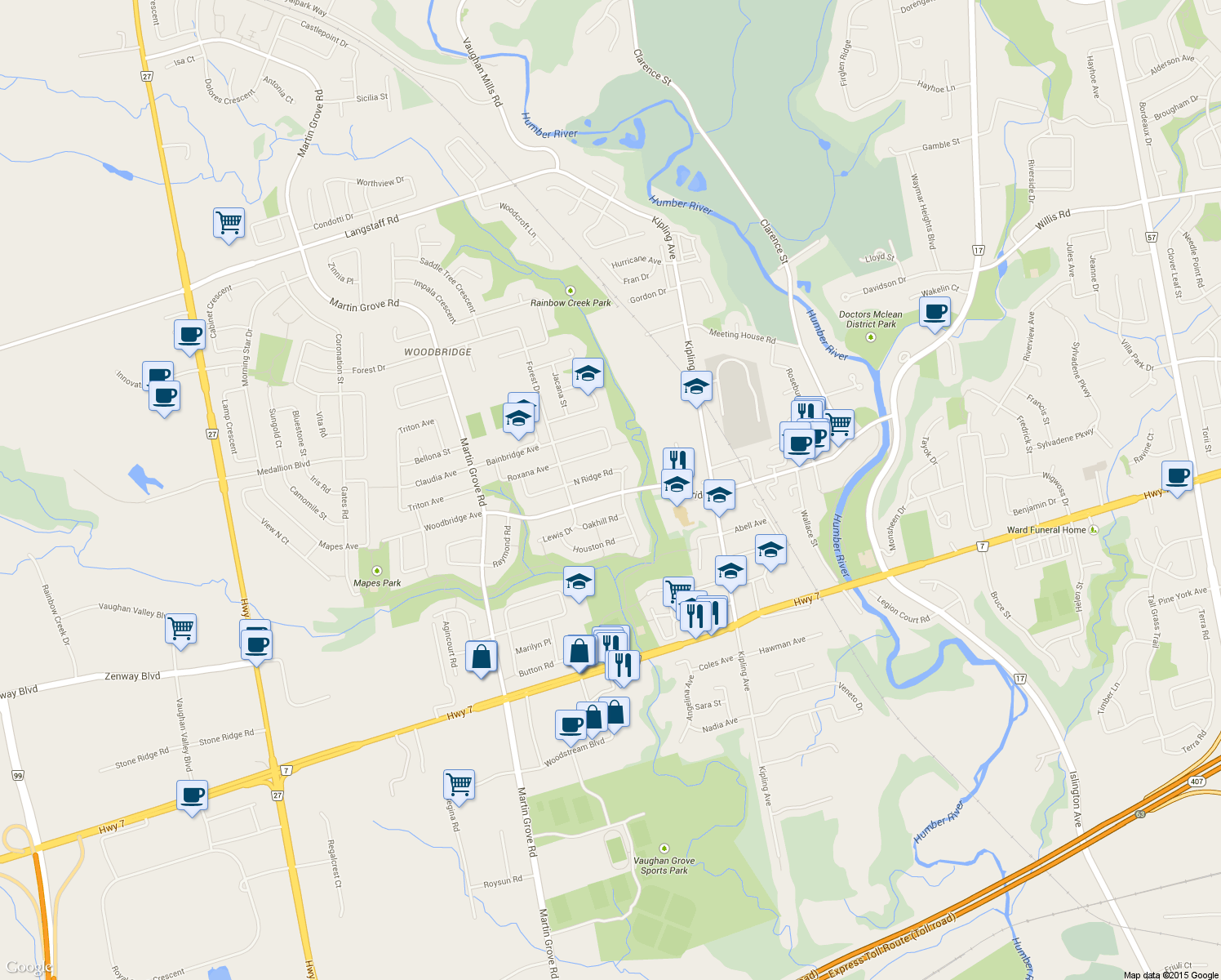 map of restaurants, bars, coffee shops, grocery stores, and more near 438 Woodbridge Avenue in Vaughan