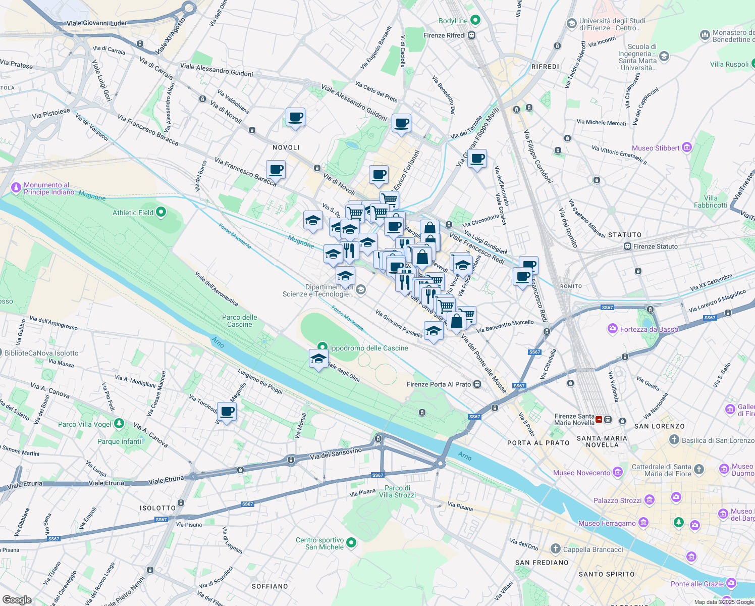 map of restaurants, bars, coffee shops, grocery stores, and more near Via Giuseppe Saverio Mercadante in Firenze