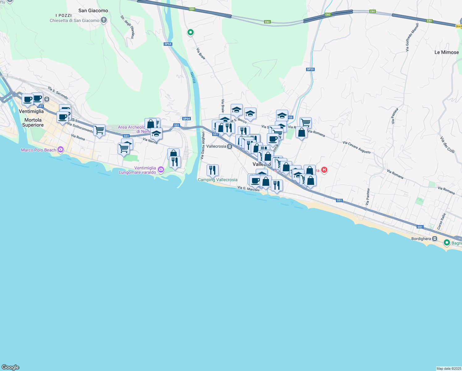 map of restaurants, bars, coffee shops, grocery stores, and more near 110 Via I Maggio in Vallecrosia