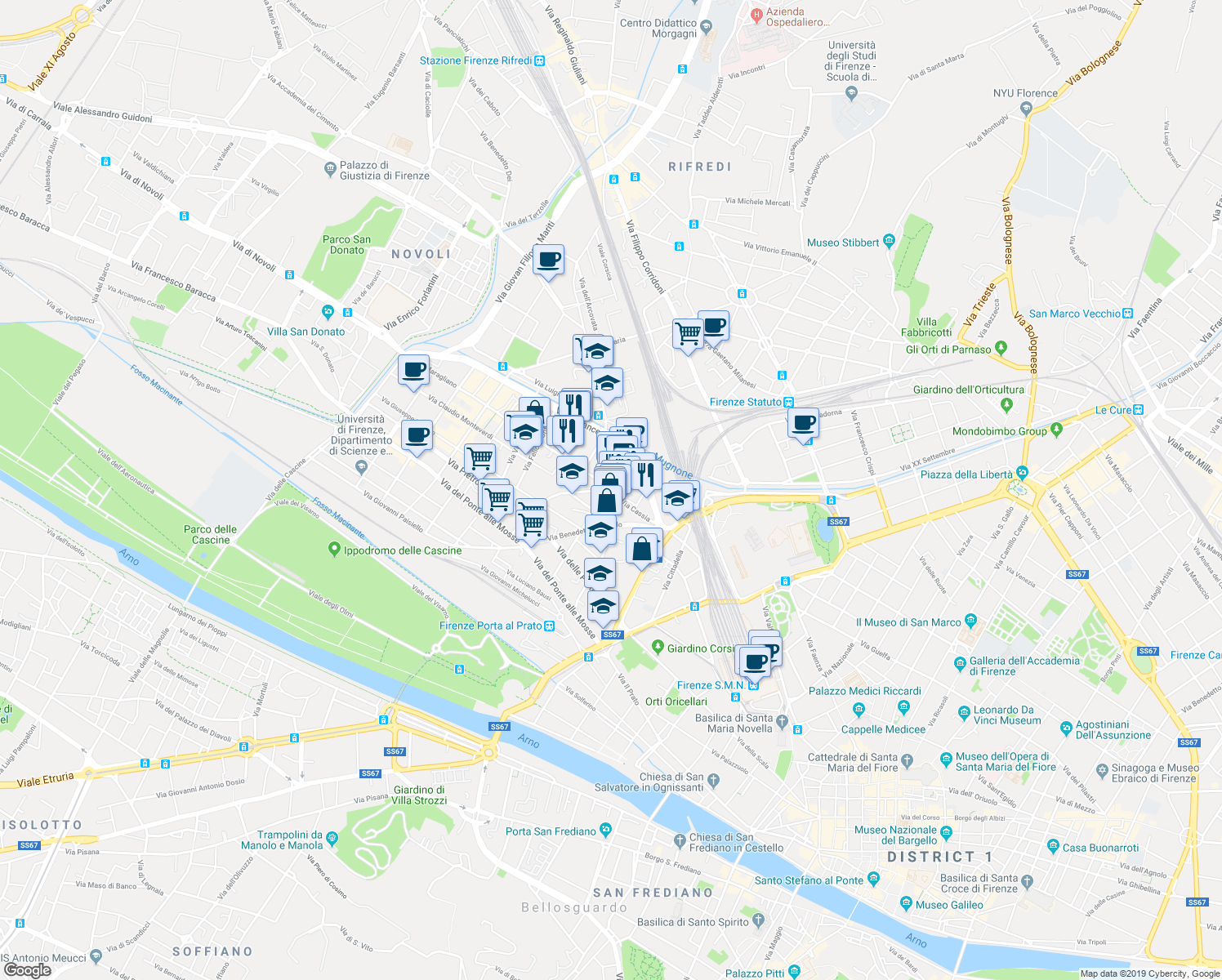 map of restaurants, bars, coffee shops, grocery stores, and more near 15 Via Bartolomeo Cristofori in Firenze