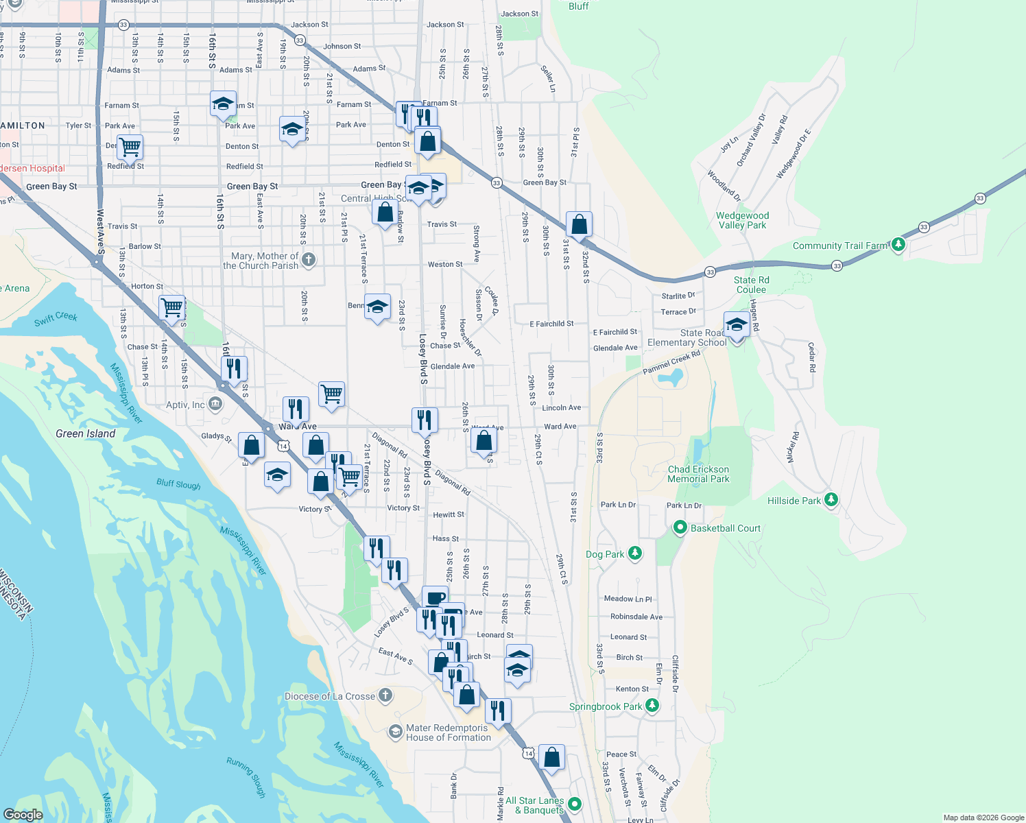 map of restaurants, bars, coffee shops, grocery stores, and more near 2801 Ward Avenue in La Crosse