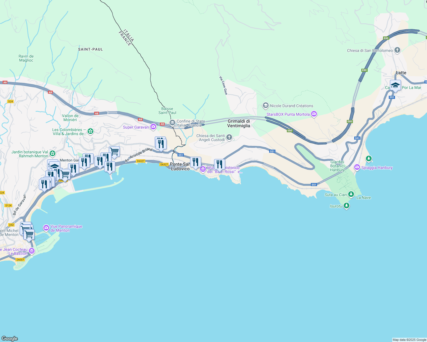 map of restaurants, bars, coffee shops, grocery stores, and more near 85 Corso Mentone in Grimaldi
