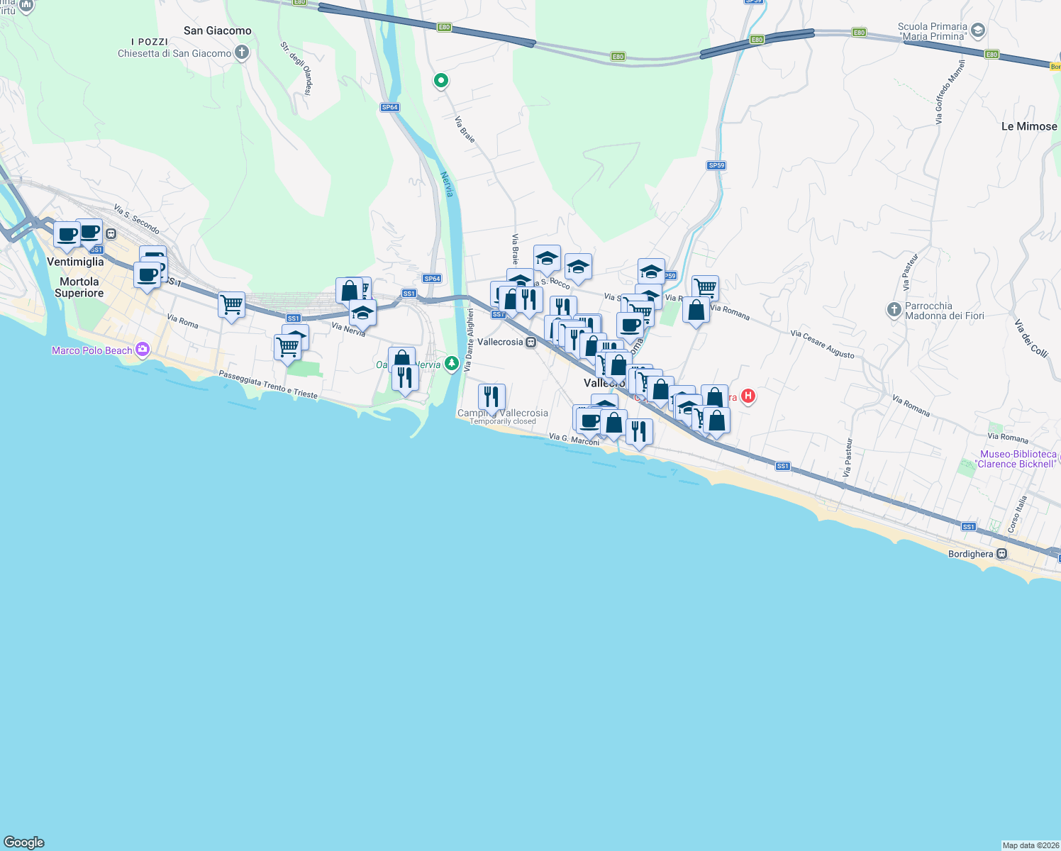 map of restaurants, bars, coffee shops, grocery stores, and more near 110 Via I Maggio in Vallecrosia