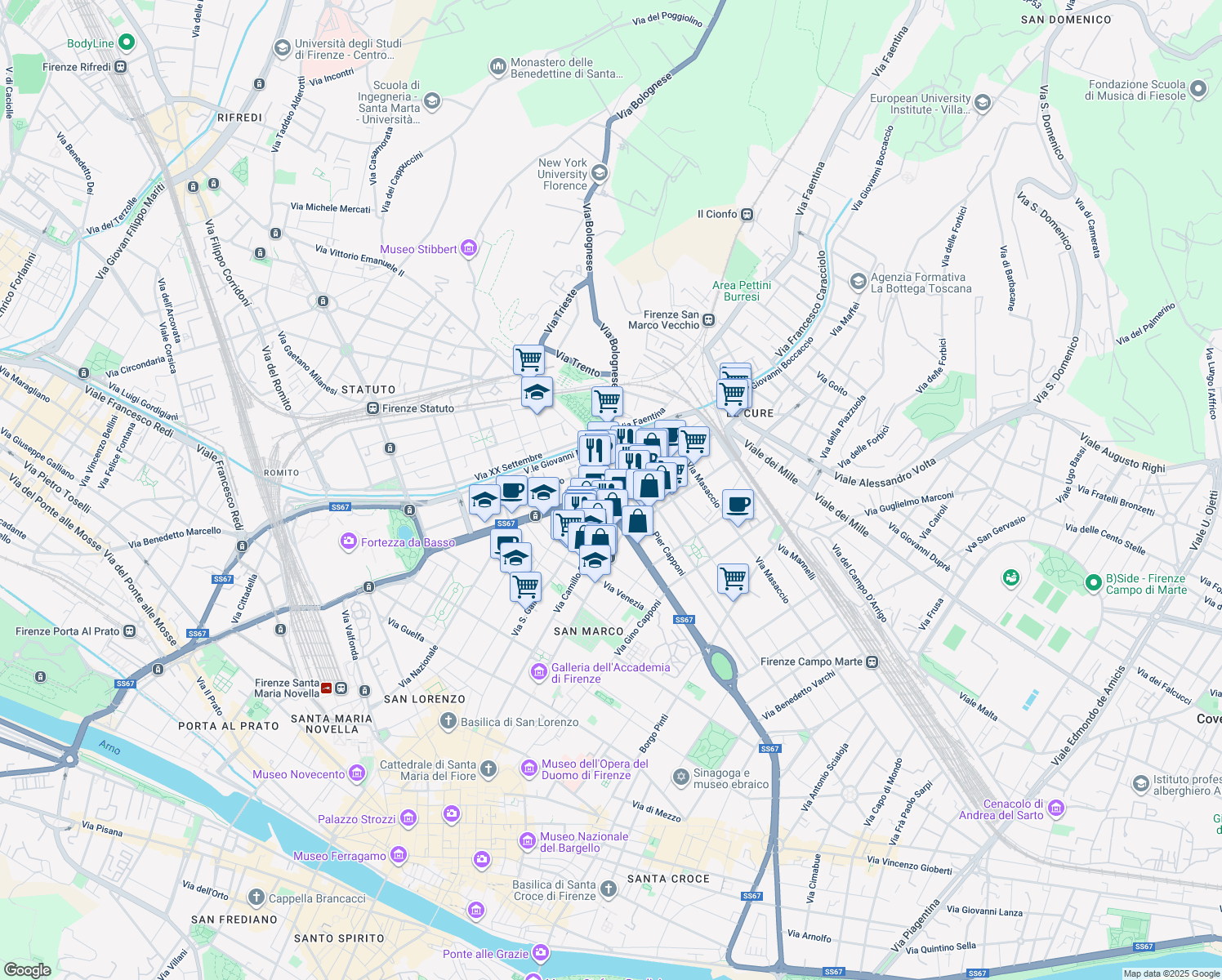 map of restaurants, bars, coffee shops, grocery stores, and more near 112 Via Camillo Benso Cavour in Firenze
