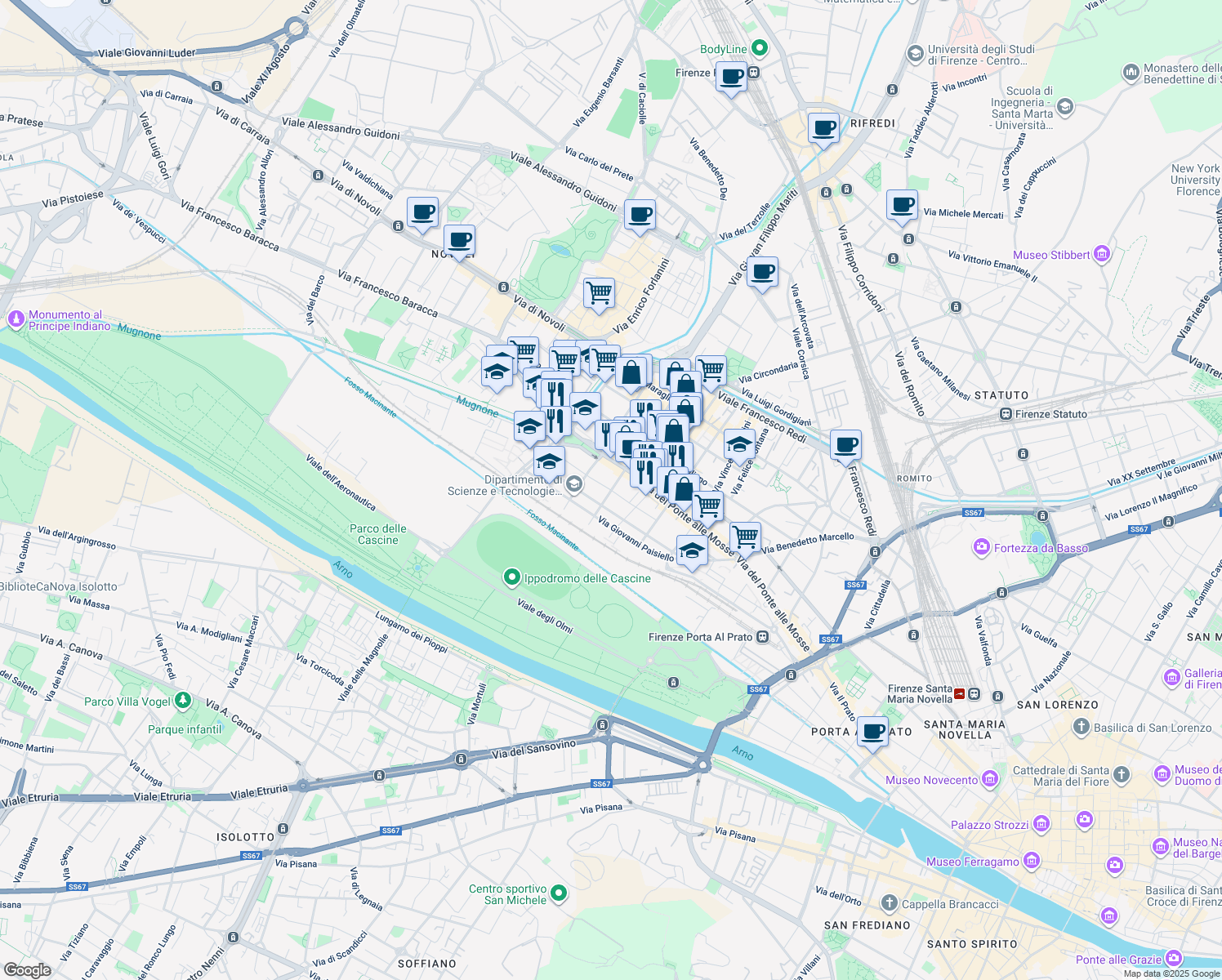 map of restaurants, bars, coffee shops, grocery stores, and more near 158 Via del Ponte alle Mosse in Firenze