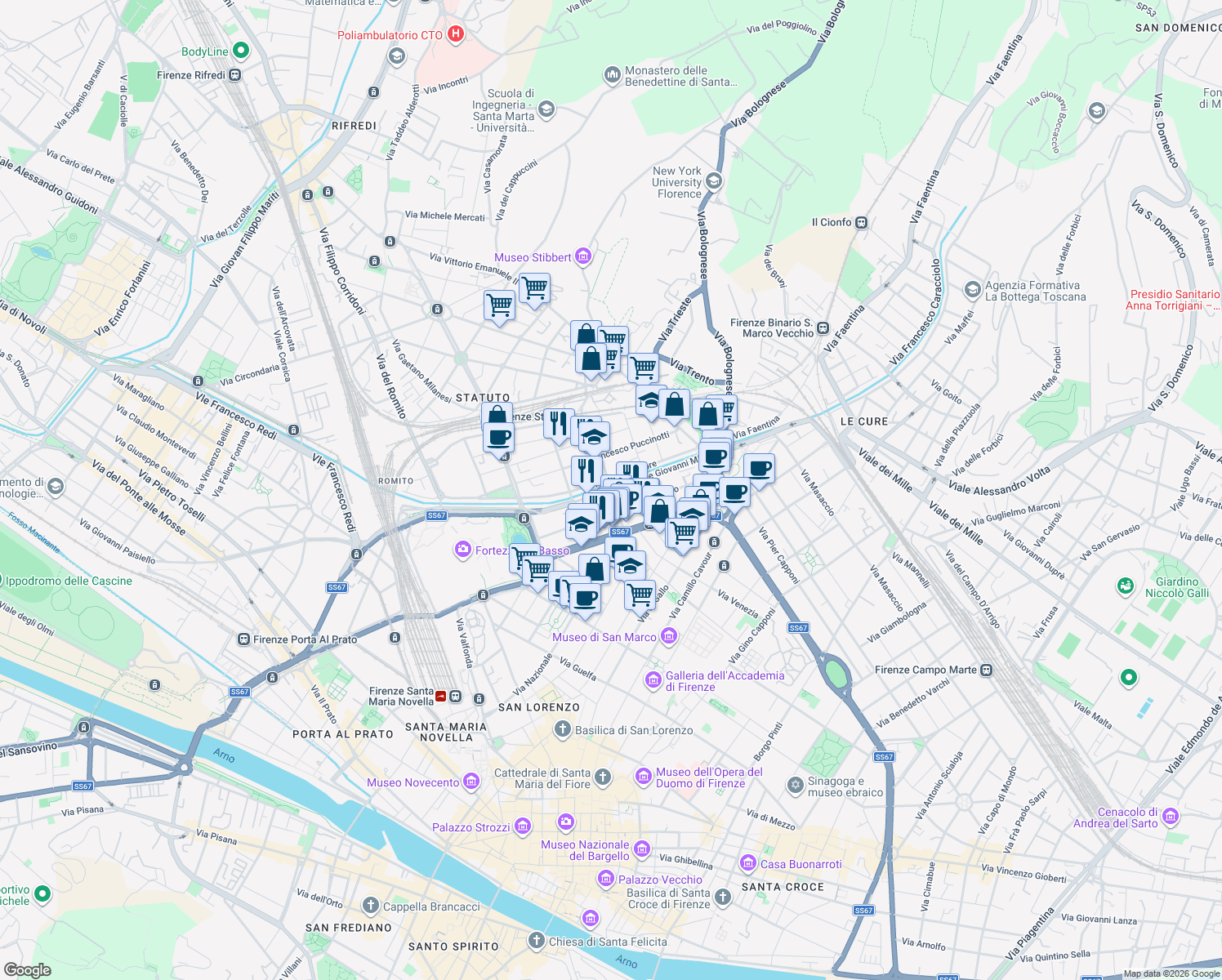 map of restaurants, bars, coffee shops, grocery stores, and more near 84 Via XX Settembre in Firenze