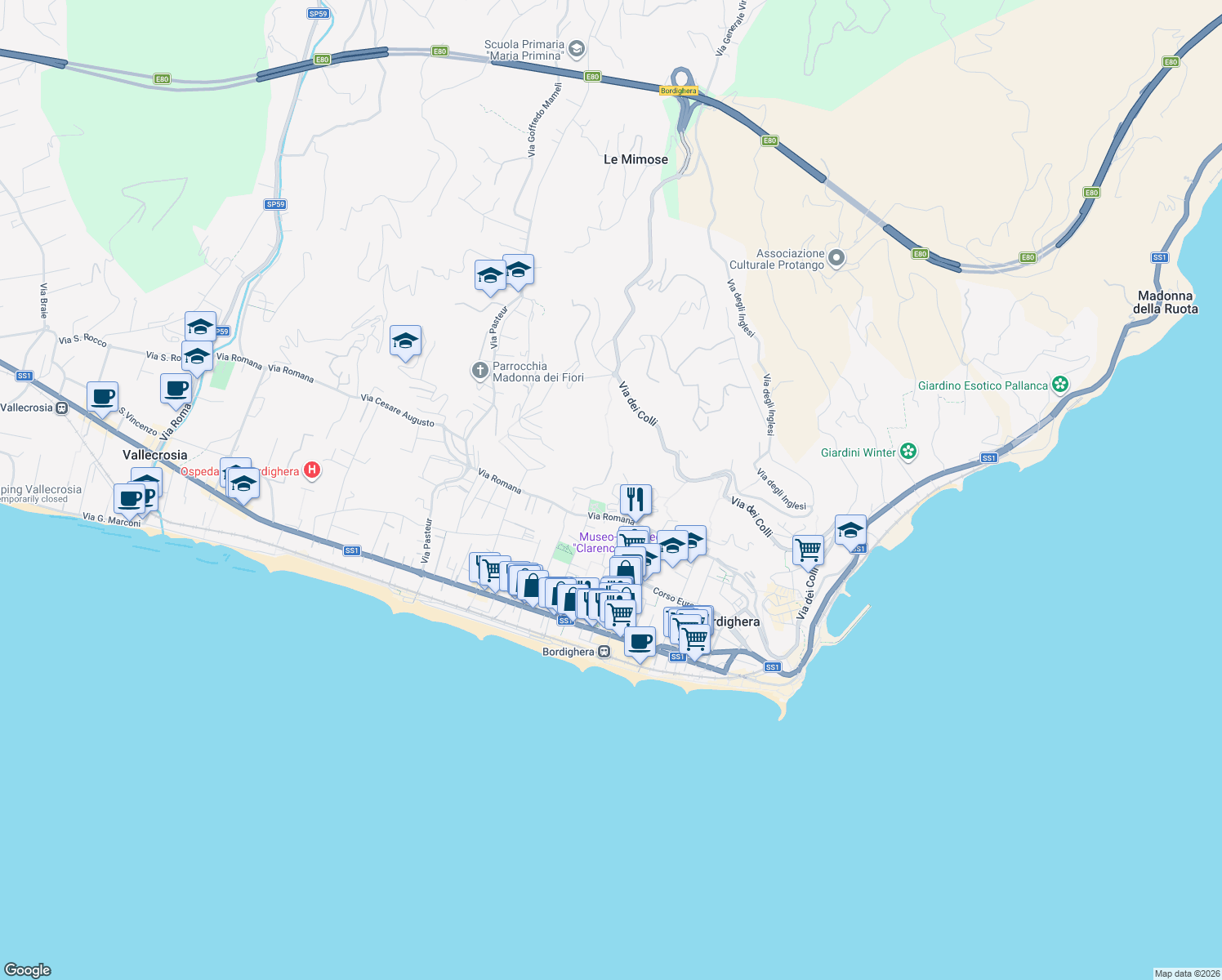 map of restaurants, bars, coffee shops, grocery stores, and more near 17 Via Torre Mostaccini in Bordighera