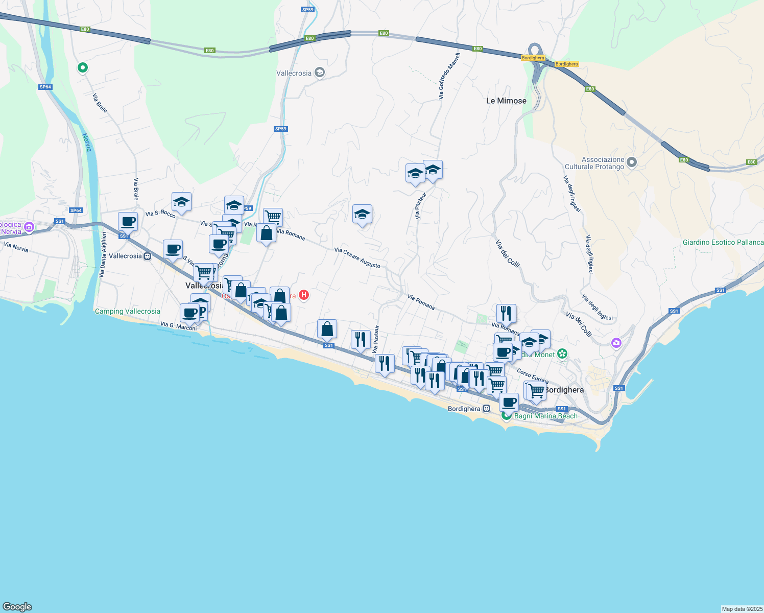 map of restaurants, bars, coffee shops, grocery stores, and more near 2 Via Genova in Bordighera