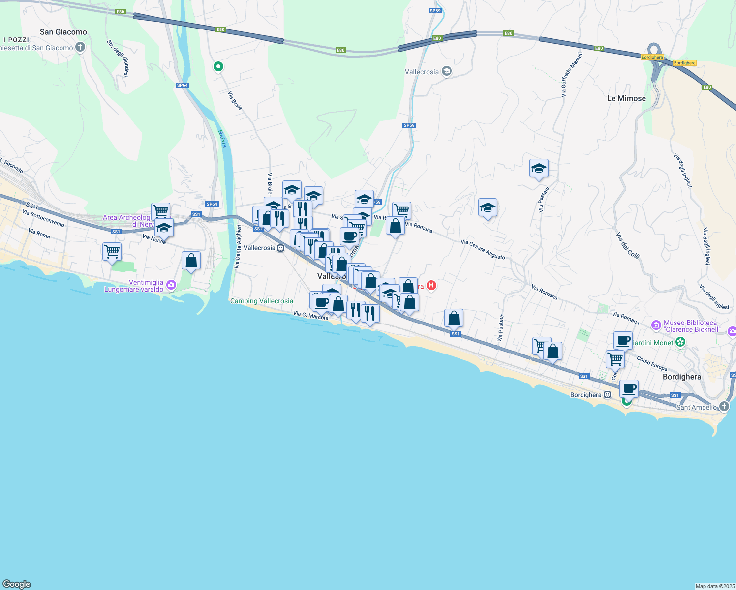 map of restaurants, bars, coffee shops, grocery stores, and more near 339 Via Aprosio Col. in Vallecrosia