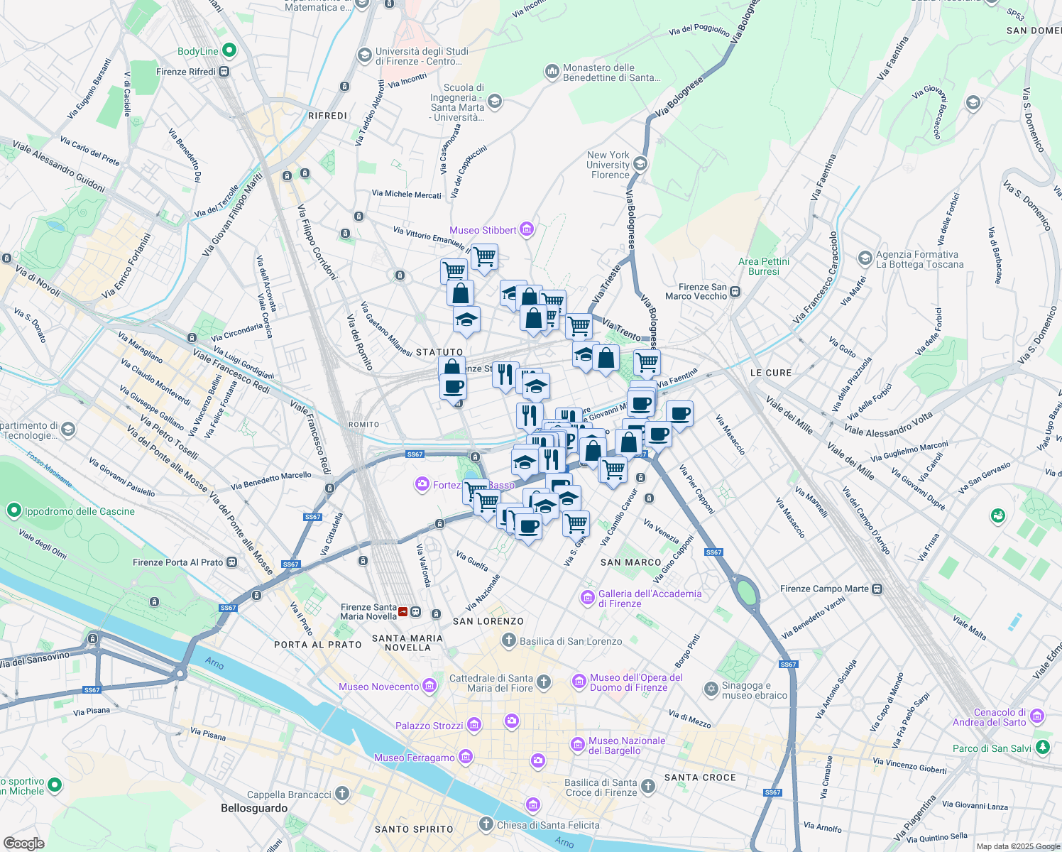 map of restaurants, bars, coffee shops, grocery stores, and more near 84 Via XX Settembre in Firenze