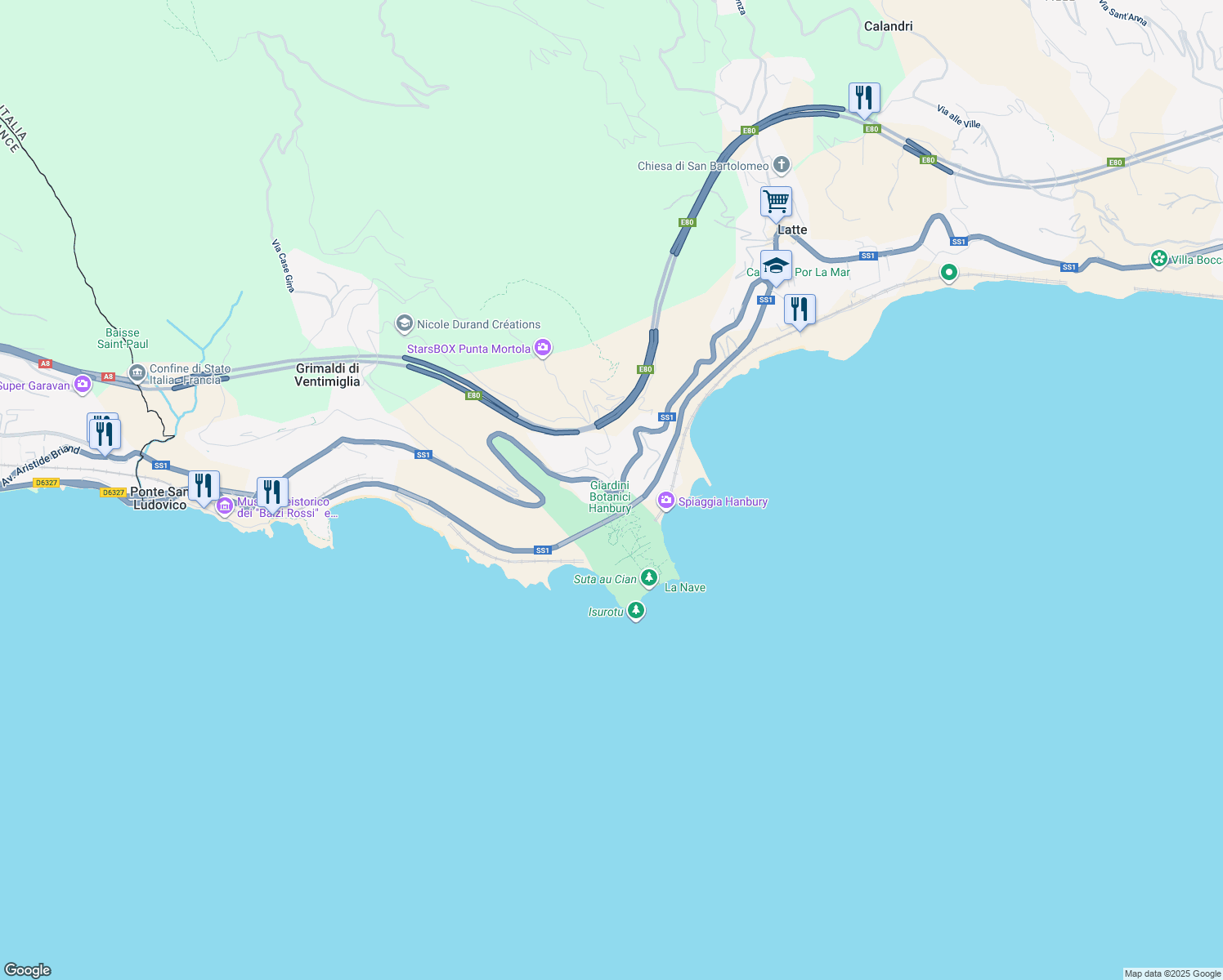 map of restaurants, bars, coffee shops, grocery stores, and more near 6 Salita della Croce in Latte