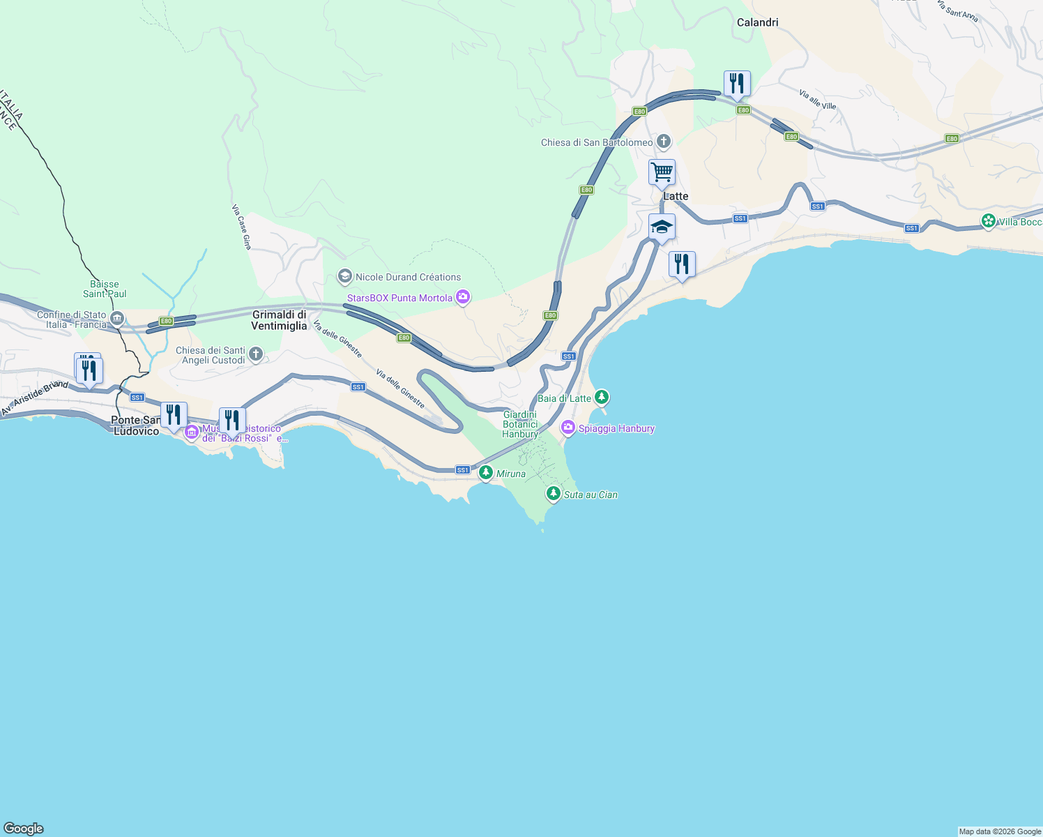 map of restaurants, bars, coffee shops, grocery stores, and more near 6 Salita della Croce in Latte