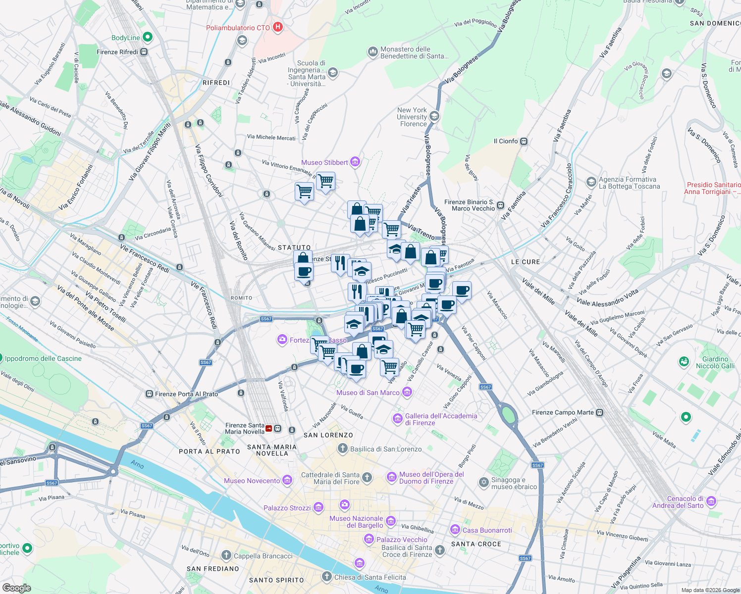 map of restaurants, bars, coffee shops, grocery stores, and more near 84 Via XX Settembre in Firenze