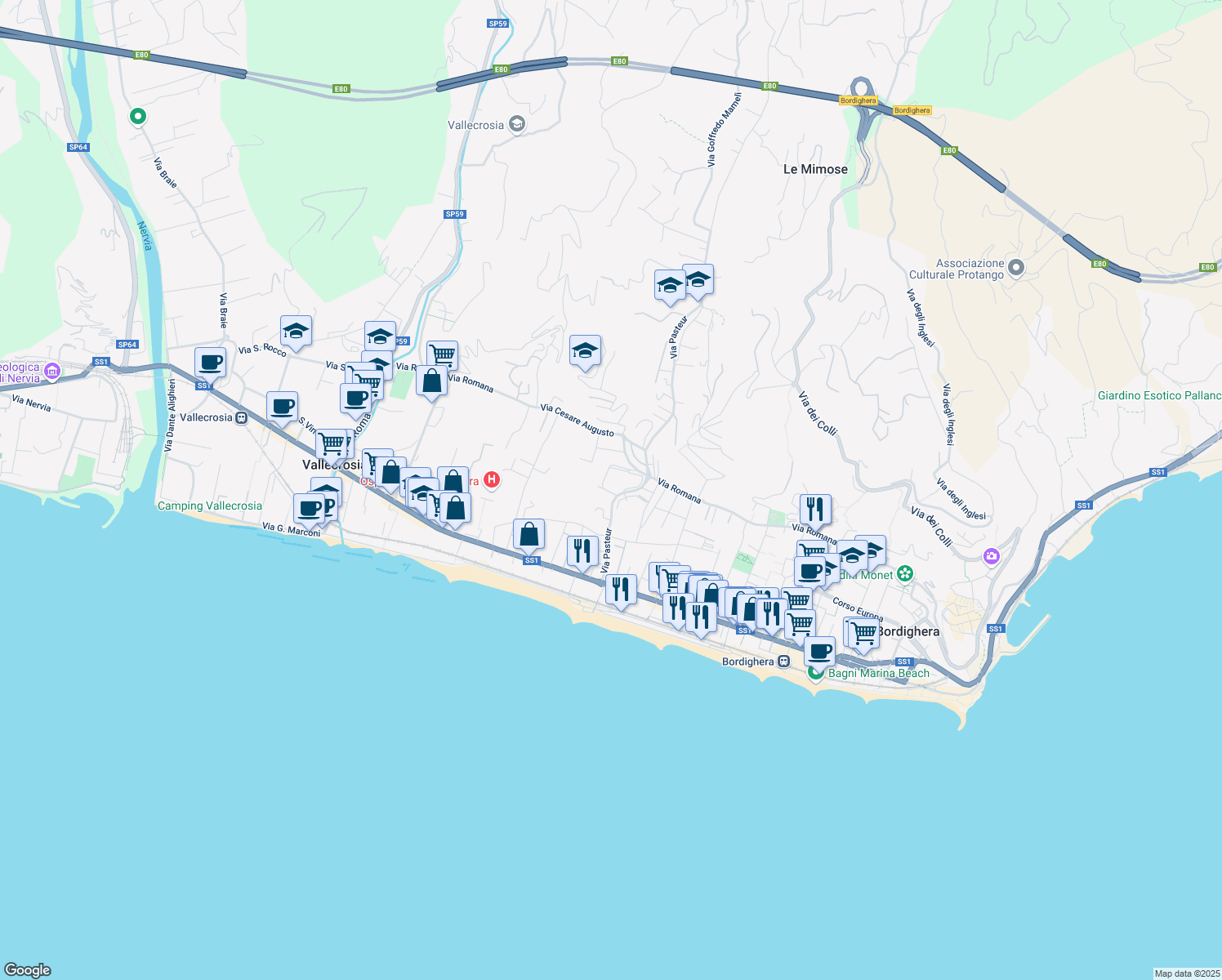 map of restaurants, bars, coffee shops, grocery stores, and more near 2 Via Genova in Bordighera