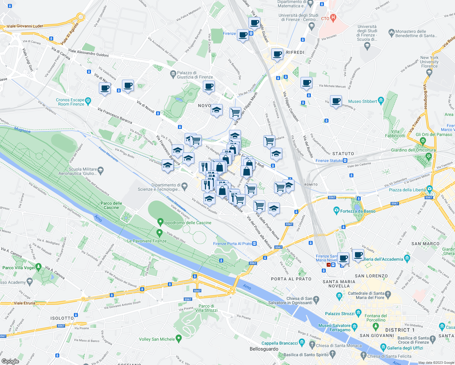 map of restaurants, bars, coffee shops, grocery stores, and more near in Firenze