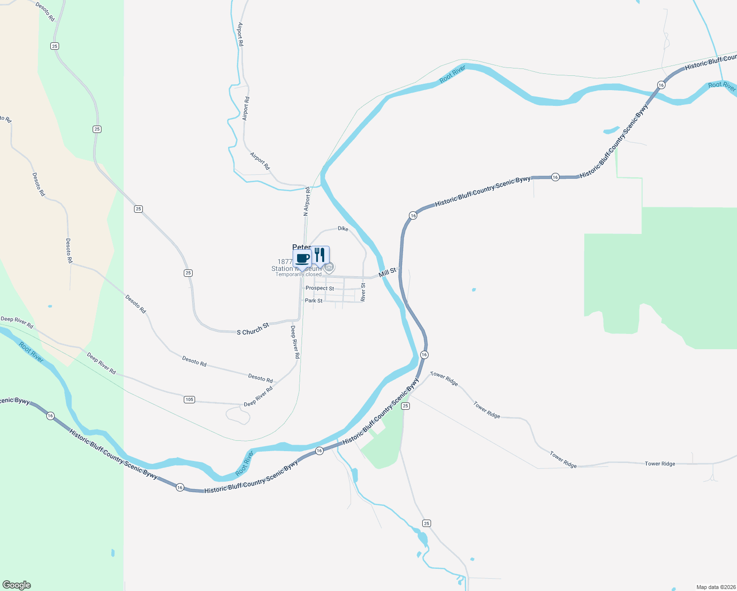 map of restaurants, bars, coffee shops, grocery stores, and more near 203 River Street in Peterson