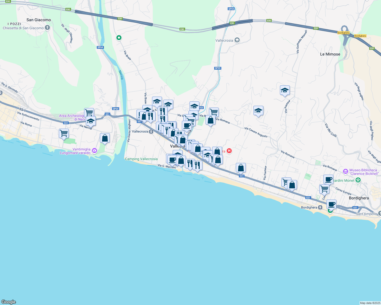 map of restaurants, bars, coffee shops, grocery stores, and more near Via Aprosio in Vallecrosia Alta