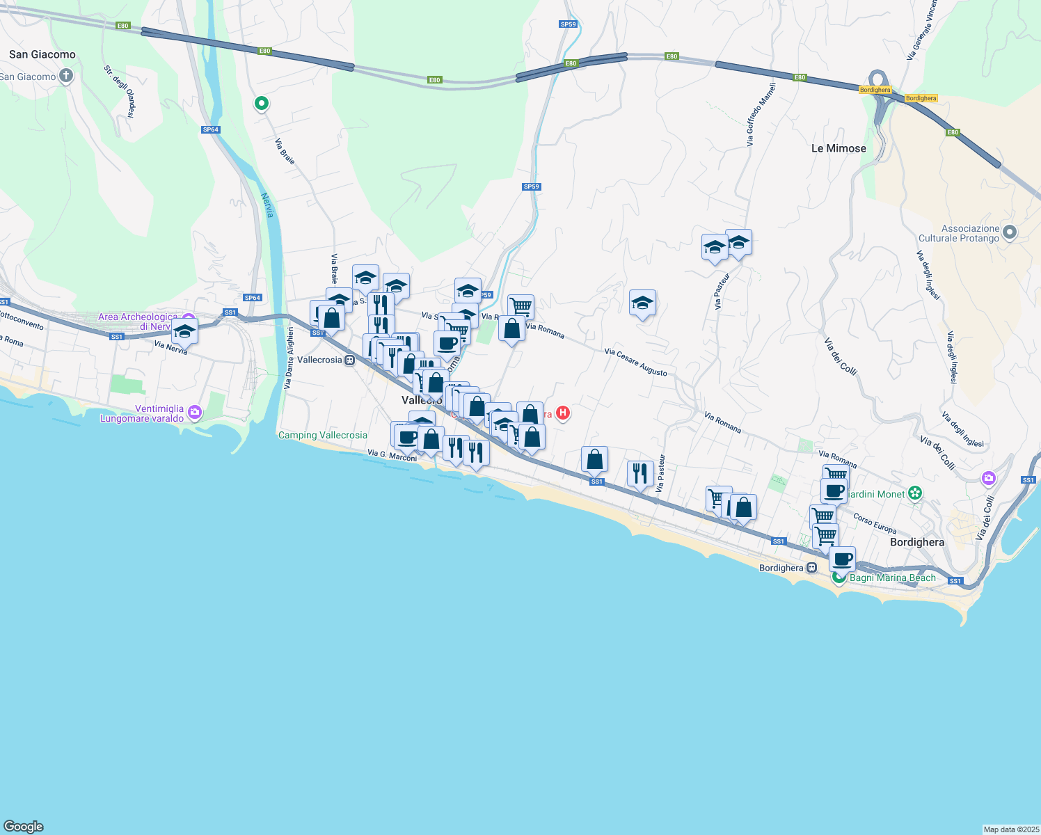 map of restaurants, bars, coffee shops, grocery stores, and more near 90 Via Angeli Custodi in Vallecrosia