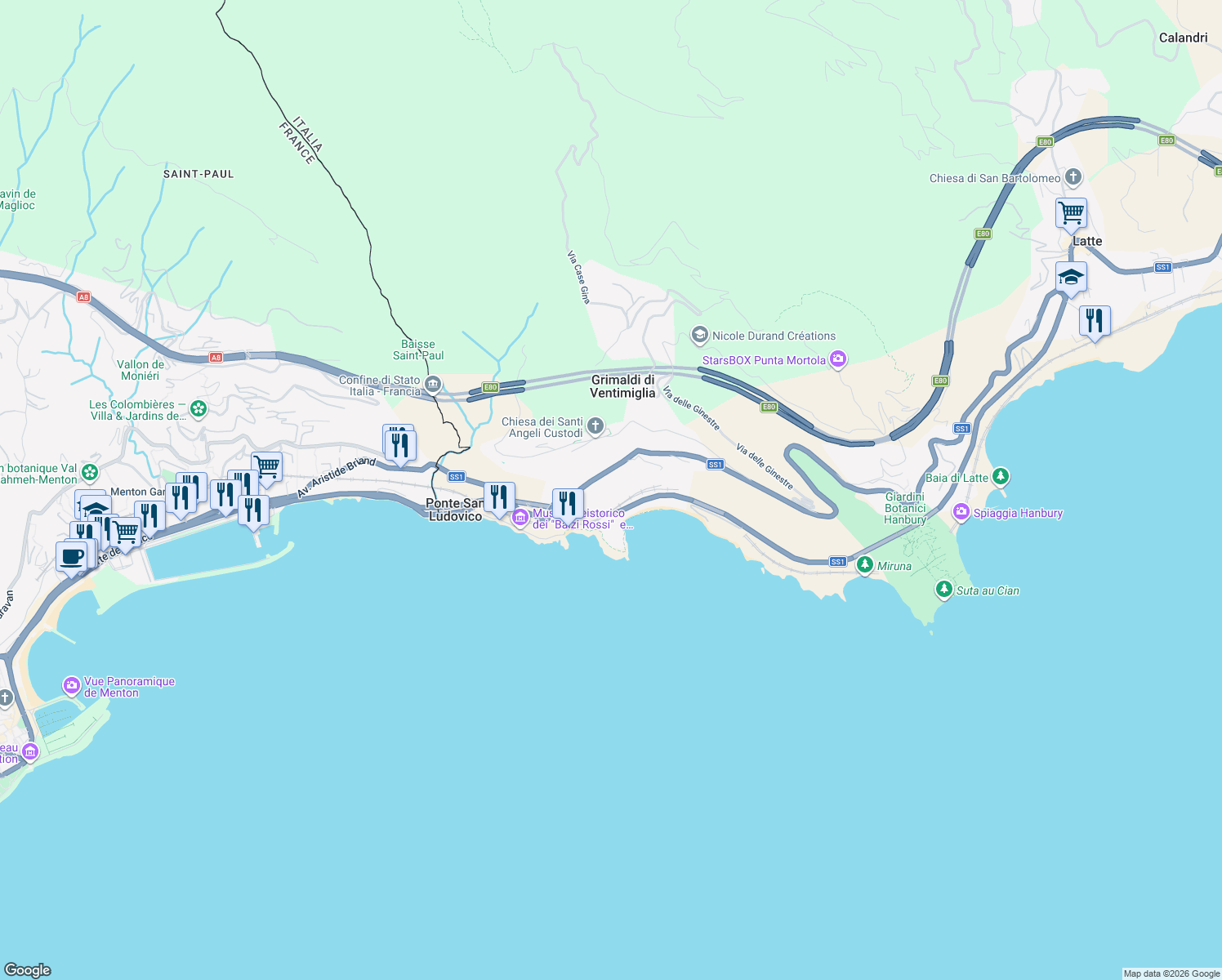 map of restaurants, bars, coffee shops, grocery stores, and more near 81 Corso Mentone in Grimaldi