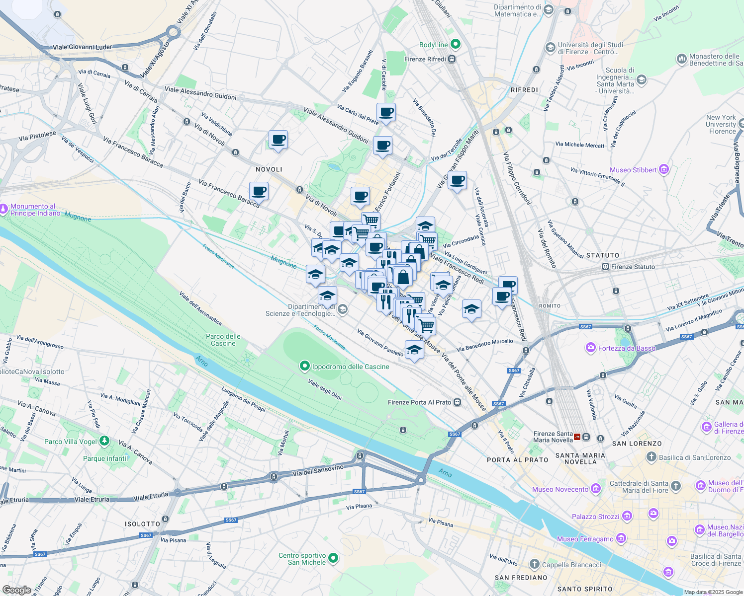 map of restaurants, bars, coffee shops, grocery stores, and more near 158 Via del Ponte alle Mosse in Firenze
