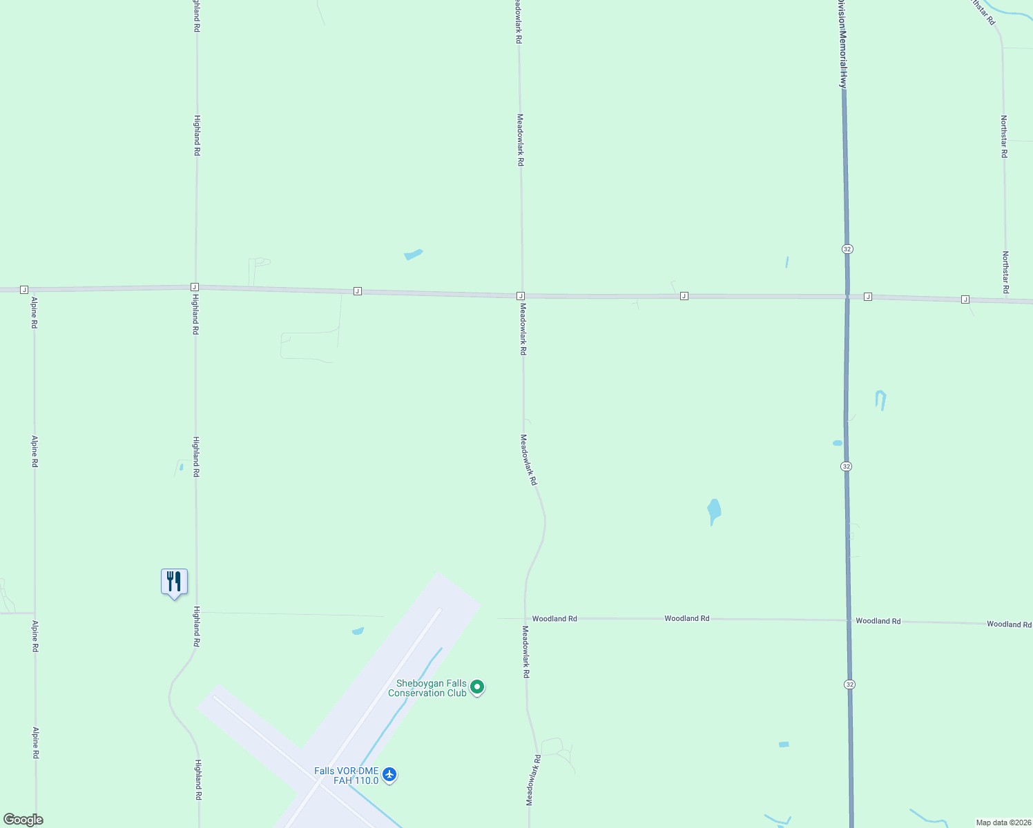 map of restaurants, bars, coffee shops, grocery stores, and more near N6766 Meadowlark Road in Sheboygan Falls