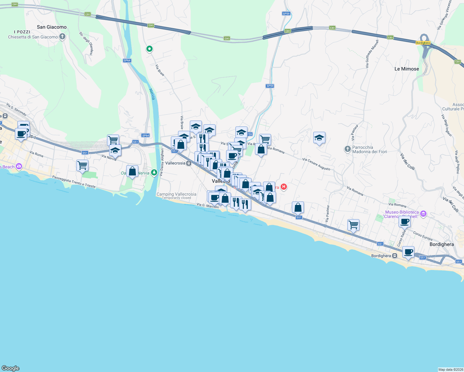 map of restaurants, bars, coffee shops, grocery stores, and more near 179 Via Aprosio Col. in Vallecrosia