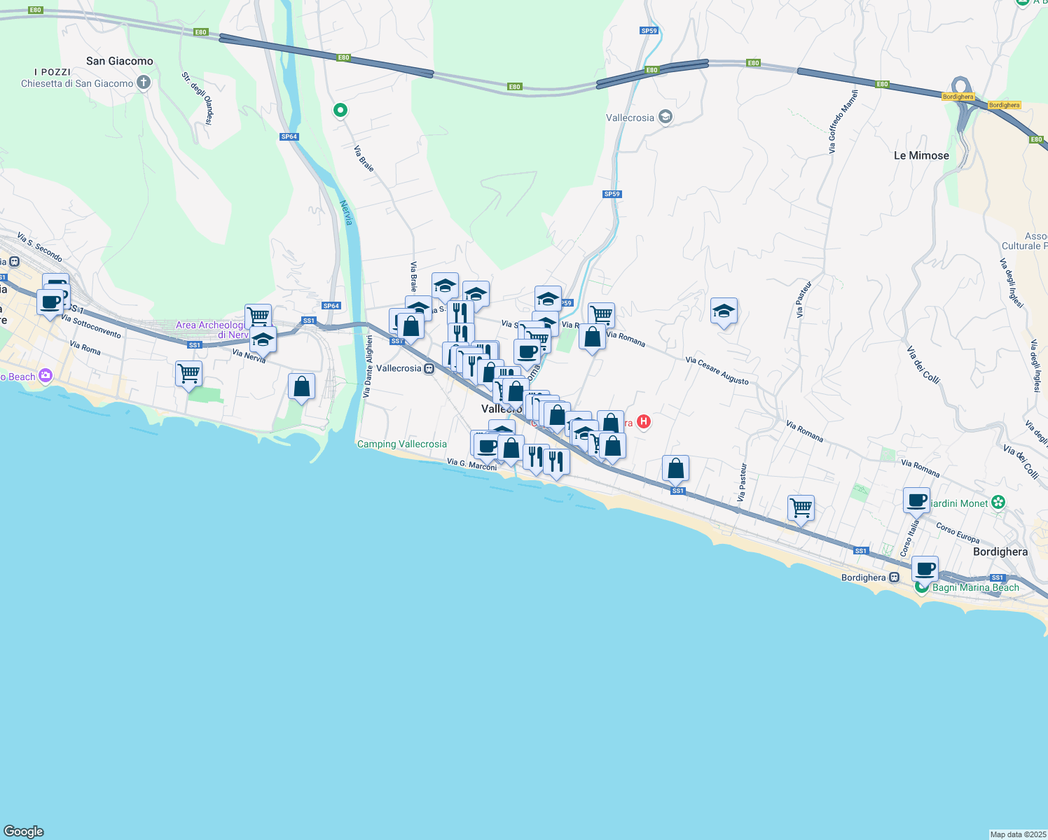 map of restaurants, bars, coffee shops, grocery stores, and more near 179 Via Aprosio Col. in Vallecrosia