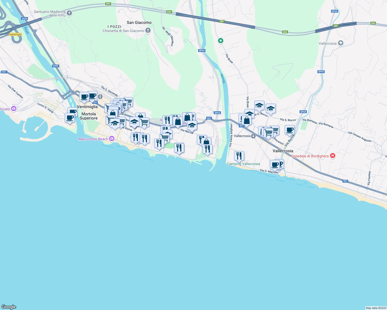 map of restaurants, bars, coffee shops, grocery stores, and more near 9 Via Nino Lamboglia in Ventimiglia