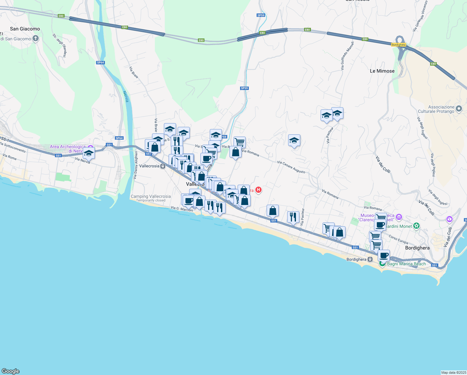 map of restaurants, bars, coffee shops, grocery stores, and more near 90 Via Angeli Custodi in Vallecrosia