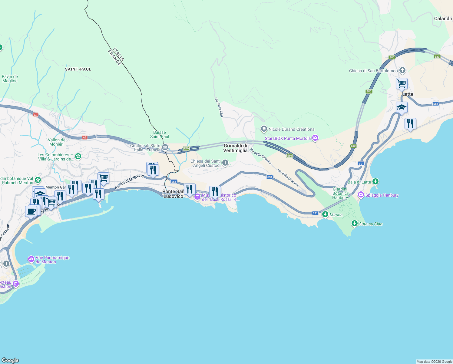 map of restaurants, bars, coffee shops, grocery stores, and more near 81 Corso Mentone in Grimaldi