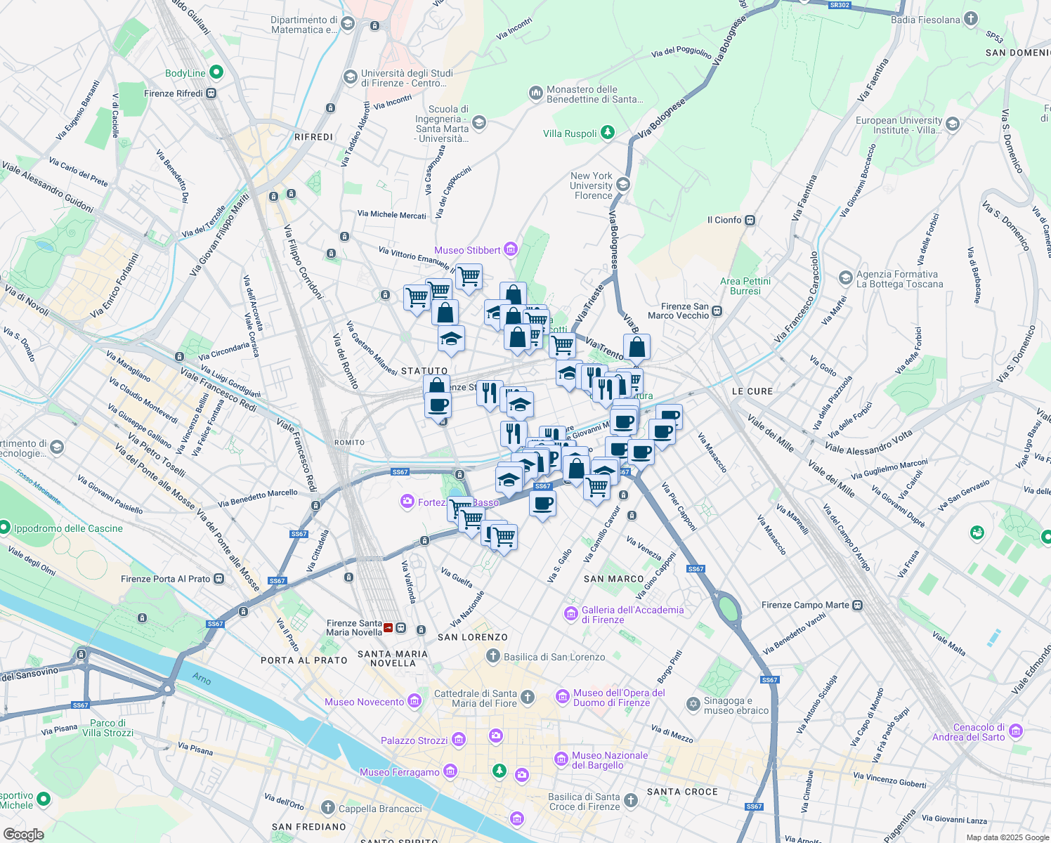 map of restaurants, bars, coffee shops, grocery stores, and more near 18 Via della Cernaia in Florence