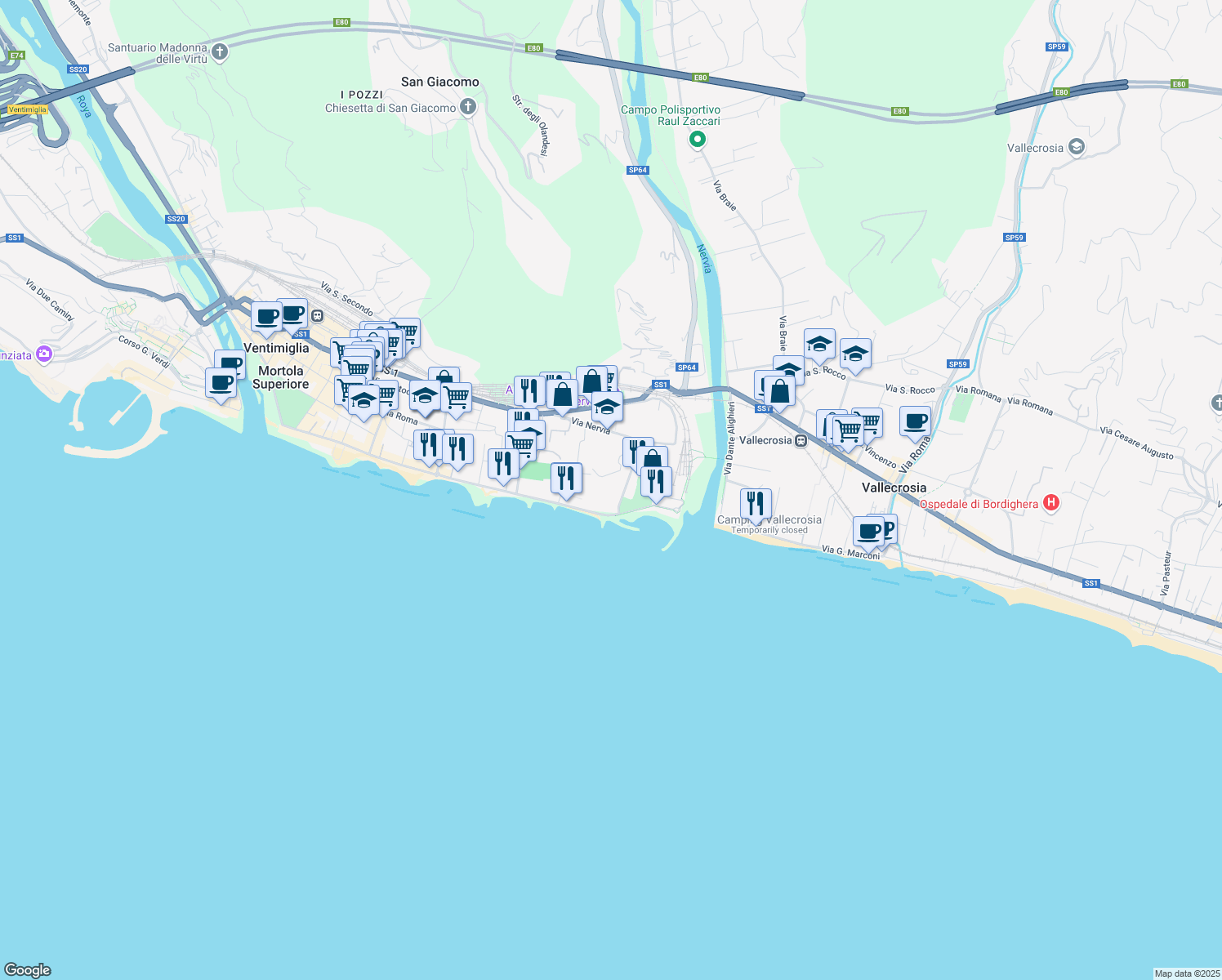 map of restaurants, bars, coffee shops, grocery stores, and more near 13 Via Nino Lamboglia in Ventimiglia