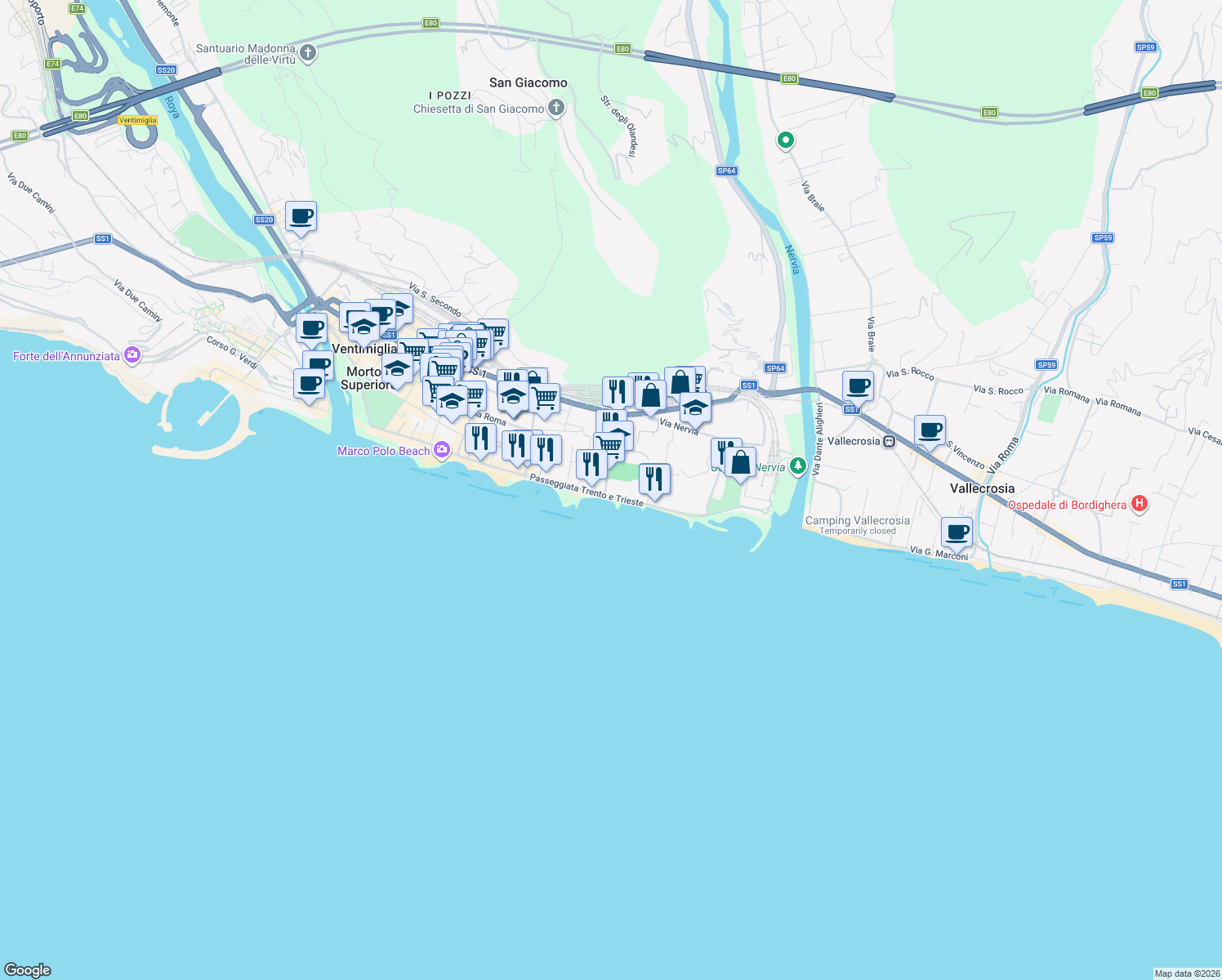 map of restaurants, bars, coffee shops, grocery stores, and more near 21 Via Tacito in Ventimiglia