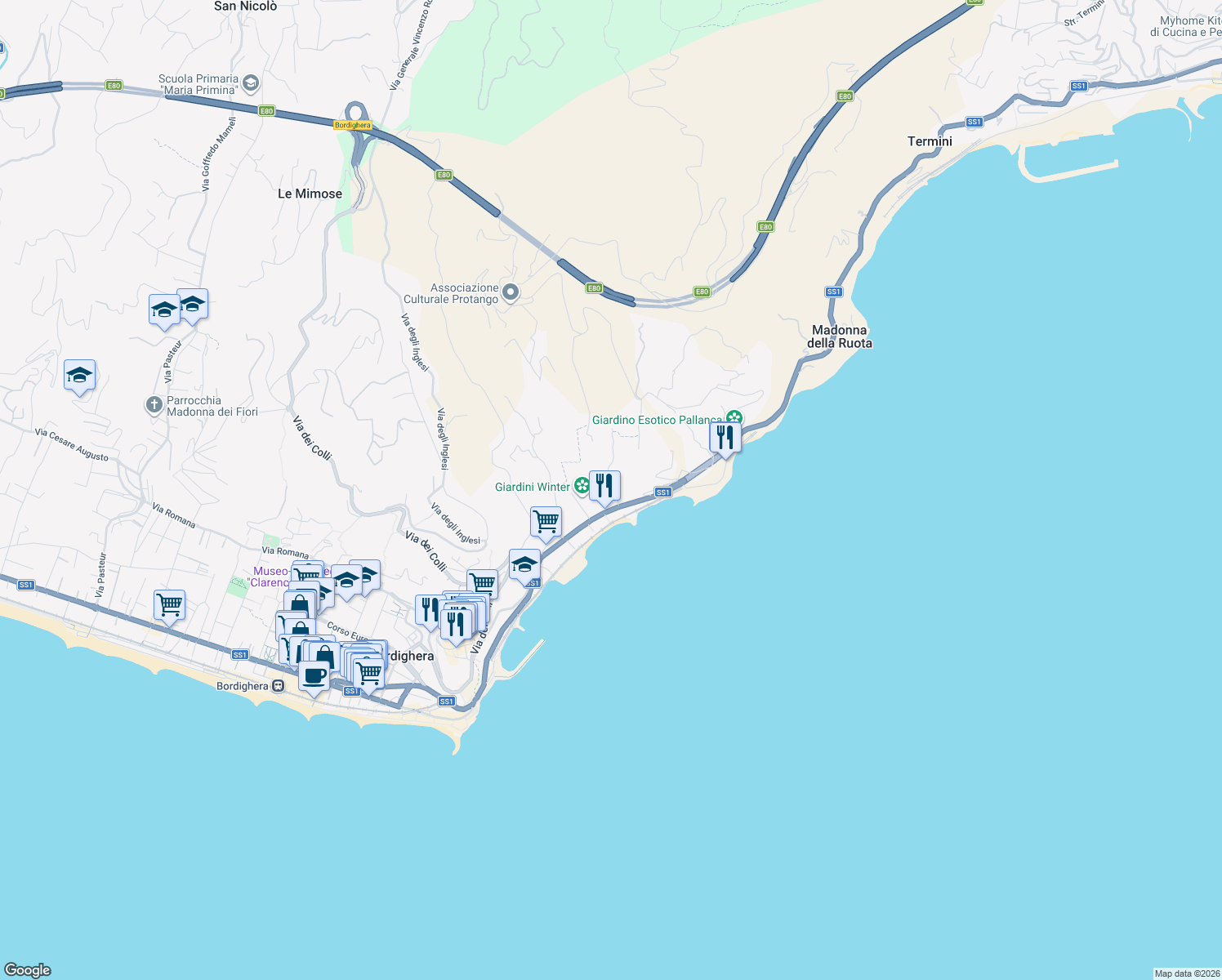 map of restaurants, bars, coffee shops, grocery stores, and more near 30 Strada della Cava in Bordighera