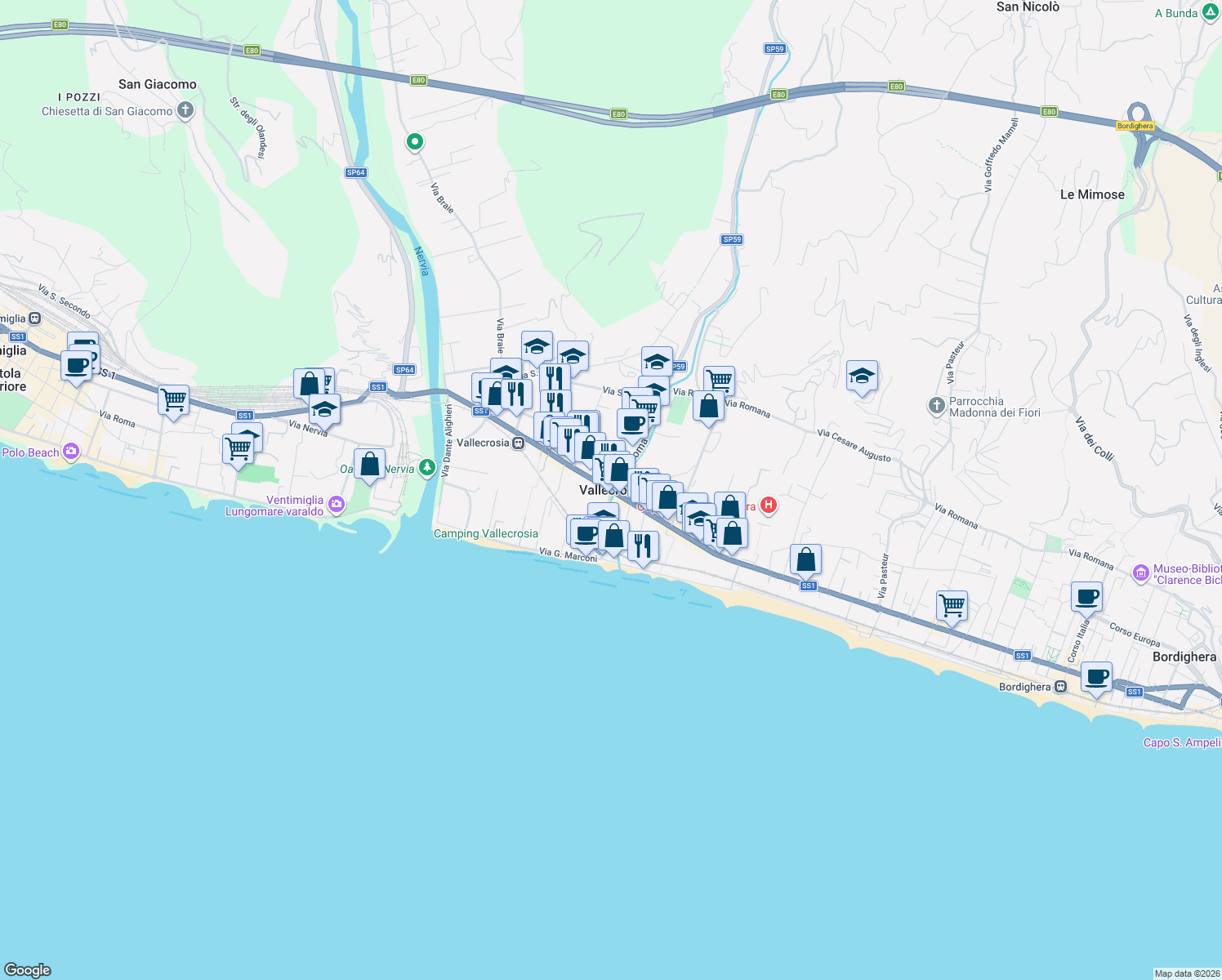 map of restaurants, bars, coffee shops, grocery stores, and more near in Vallecrosia