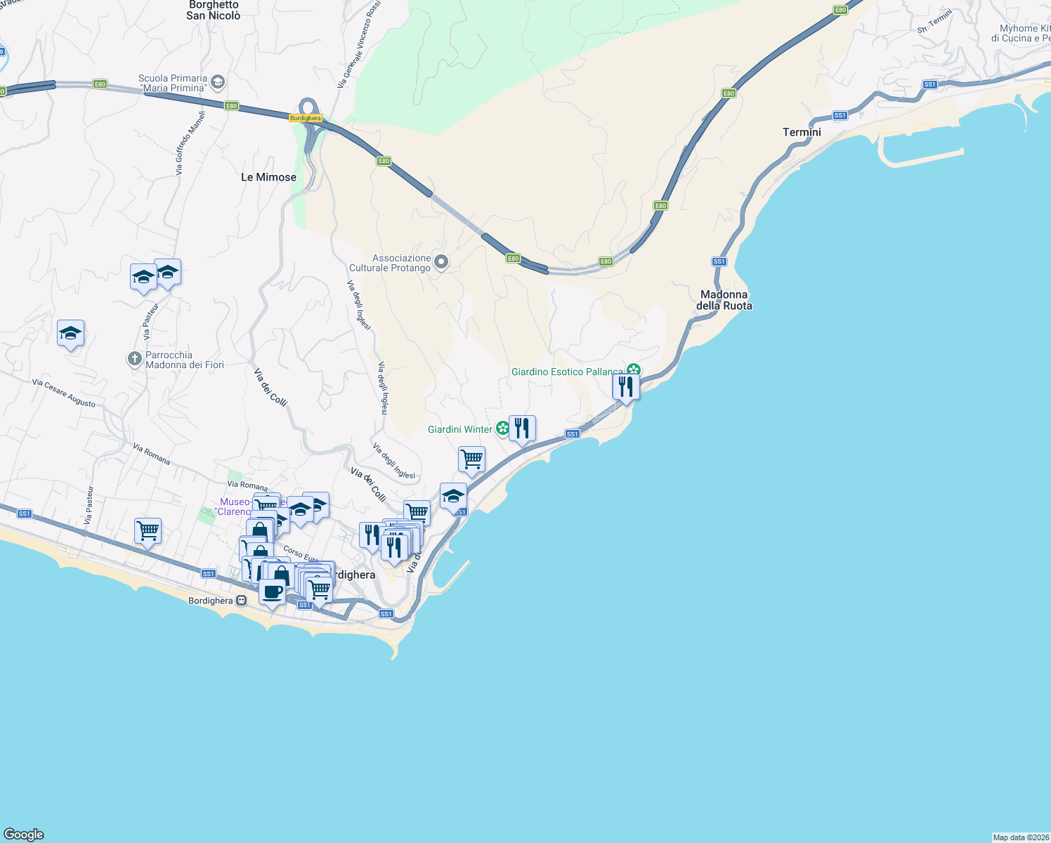 map of restaurants, bars, coffee shops, grocery stores, and more near 30 Strada della Cava in Bordighera