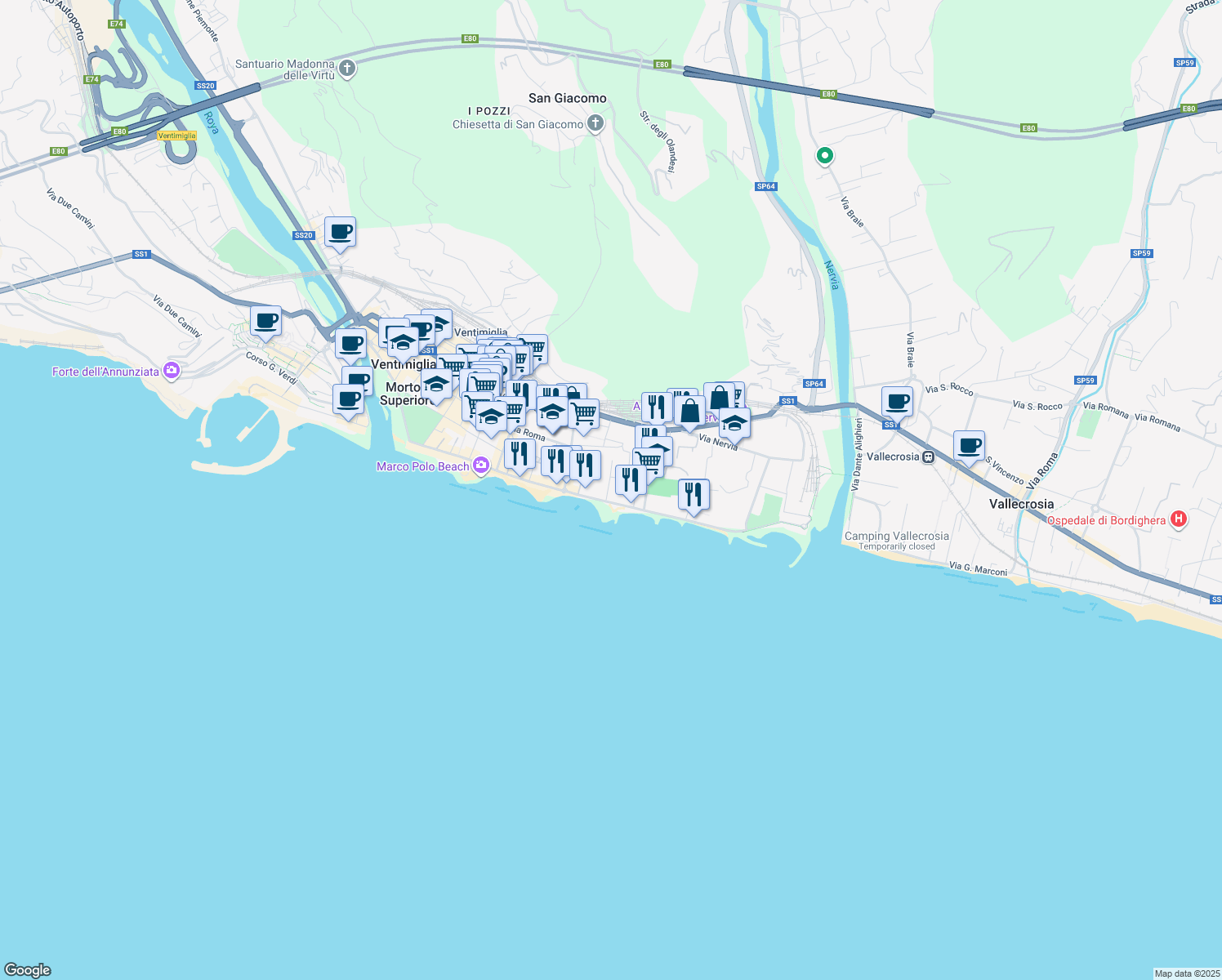 map of restaurants, bars, coffee shops, grocery stores, and more near 25 Passaggio Trento Trieste in Ventimiglia