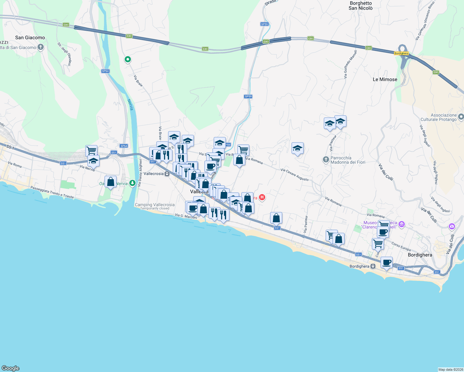 map of restaurants, bars, coffee shops, grocery stores, and more near 43 Via Don Giovanni Bosco in Vallecrosia