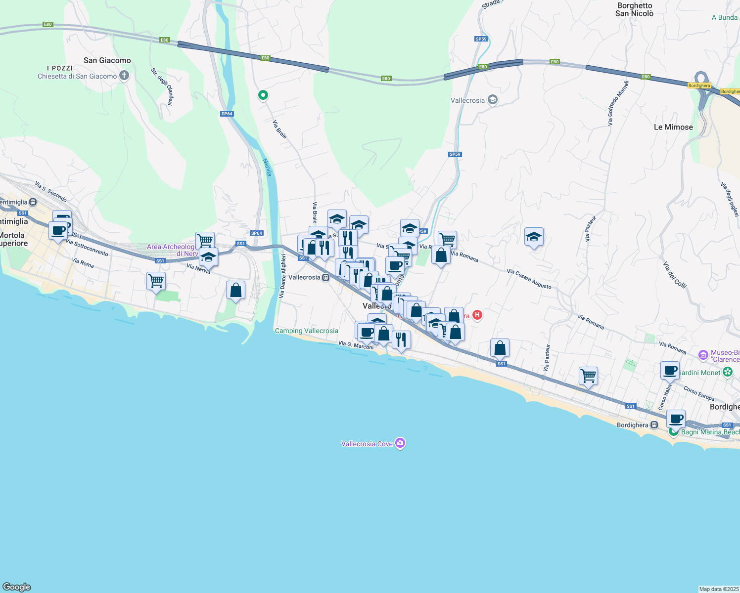 map of restaurants, bars, coffee shops, grocery stores, and more near 179 Via Aprosio Col. in Vallecrosia