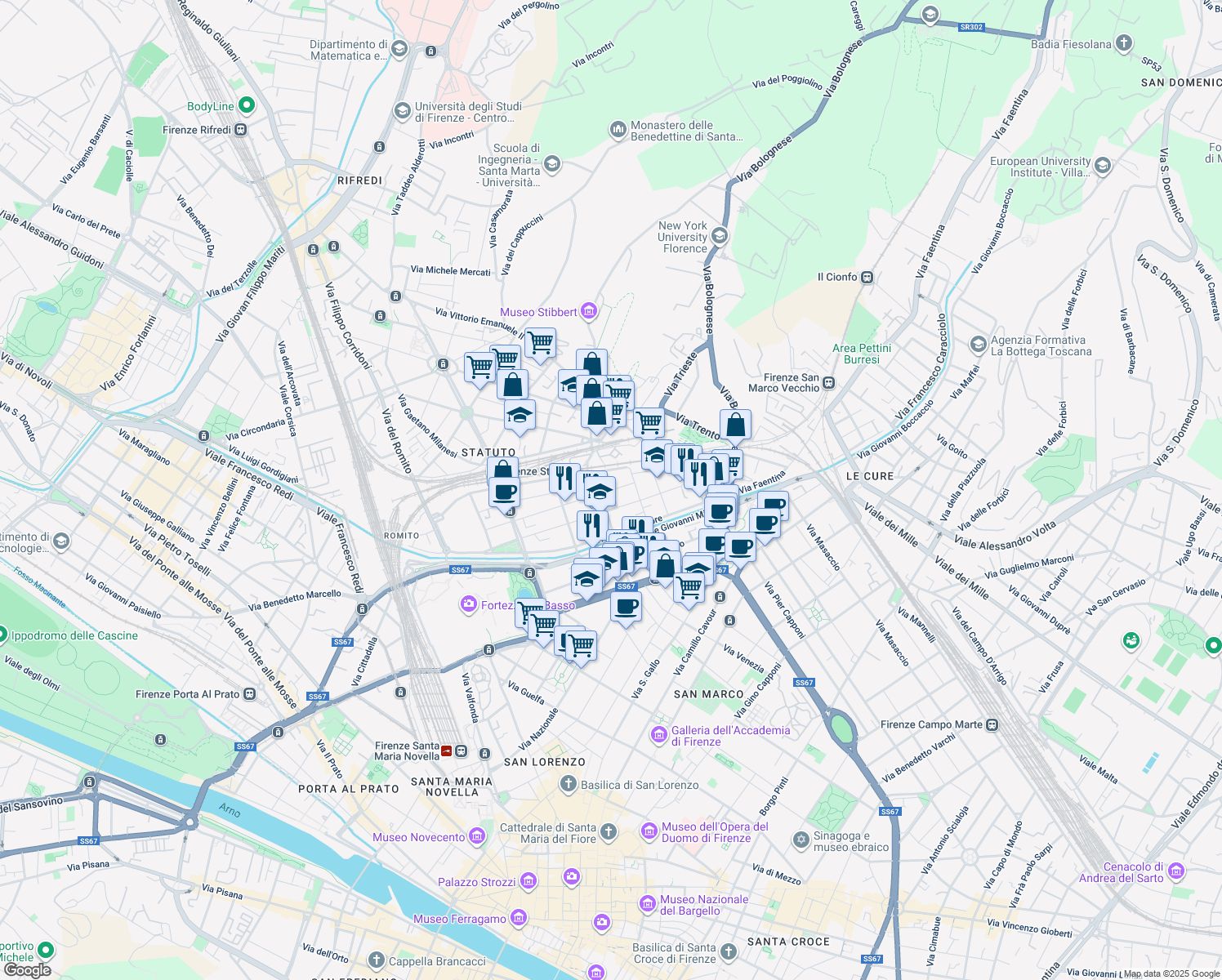 map of restaurants, bars, coffee shops, grocery stores, and more near 18 Via della Cernaia in Florence