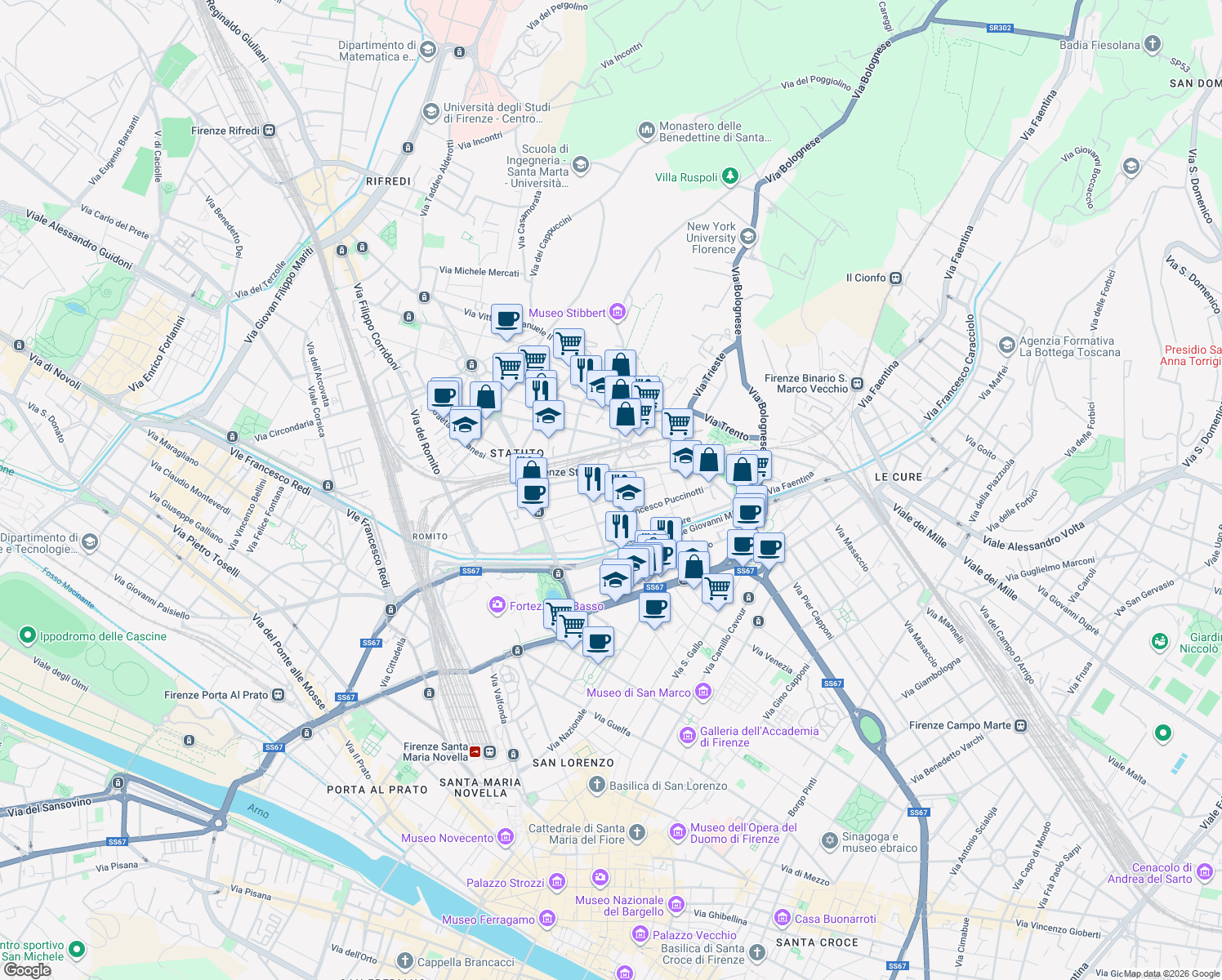 map of restaurants, bars, coffee shops, grocery stores, and more near 2 Via Ippolito Nievo in Firenze