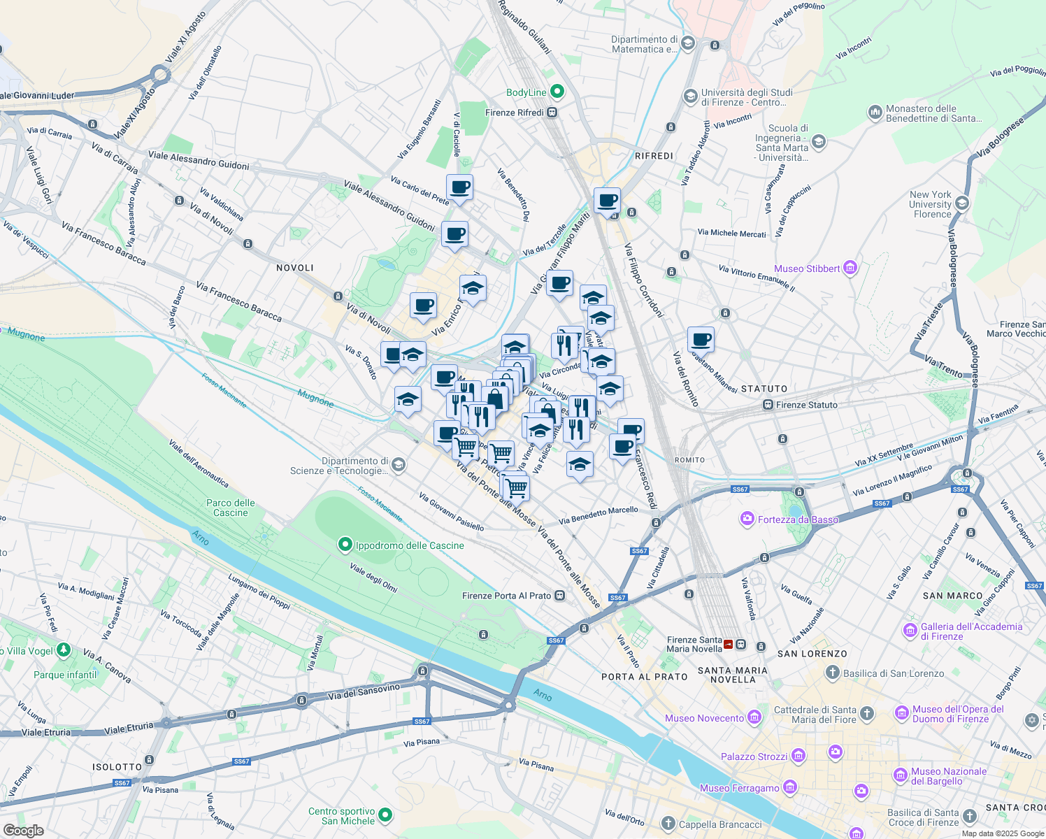 map of restaurants, bars, coffee shops, grocery stores, and more near 55 Via di Maragliano in Florence